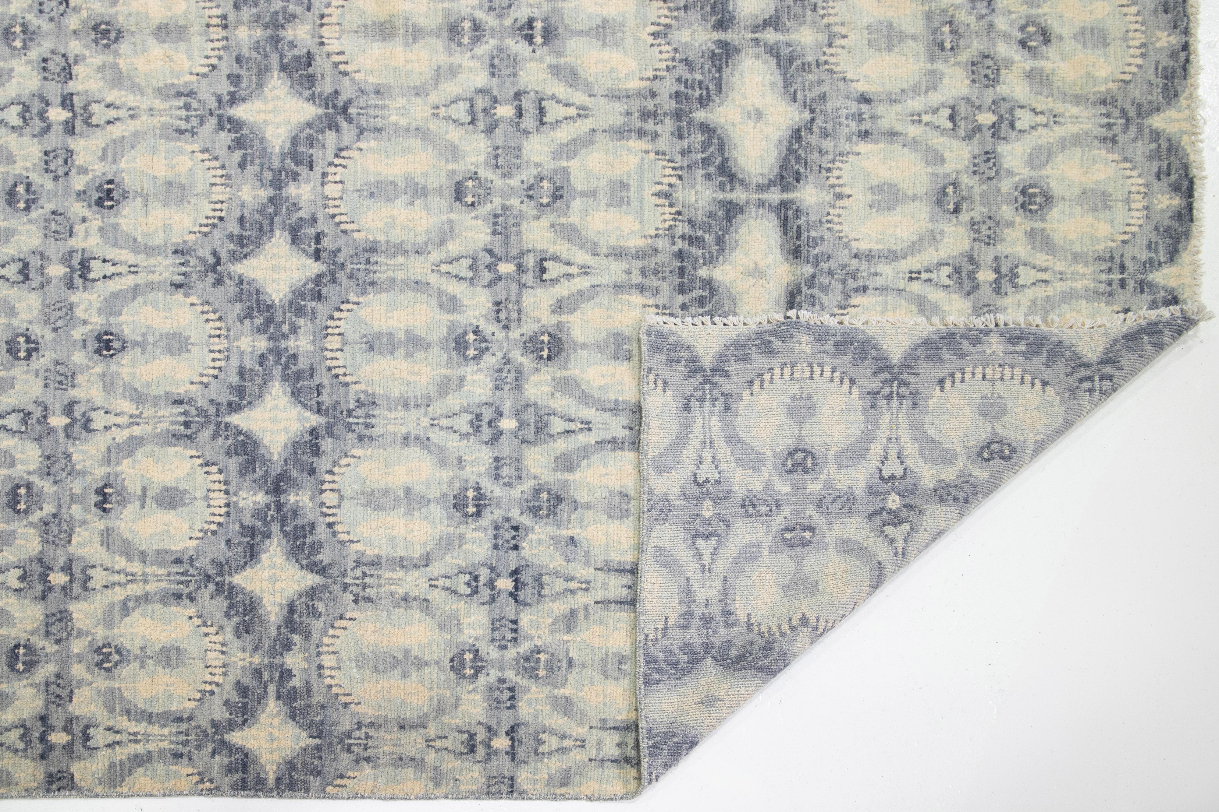 Indian 10 x 20 Allover Designed Contemporary Ikat Wool Rug In Pale Blue Color For Sale