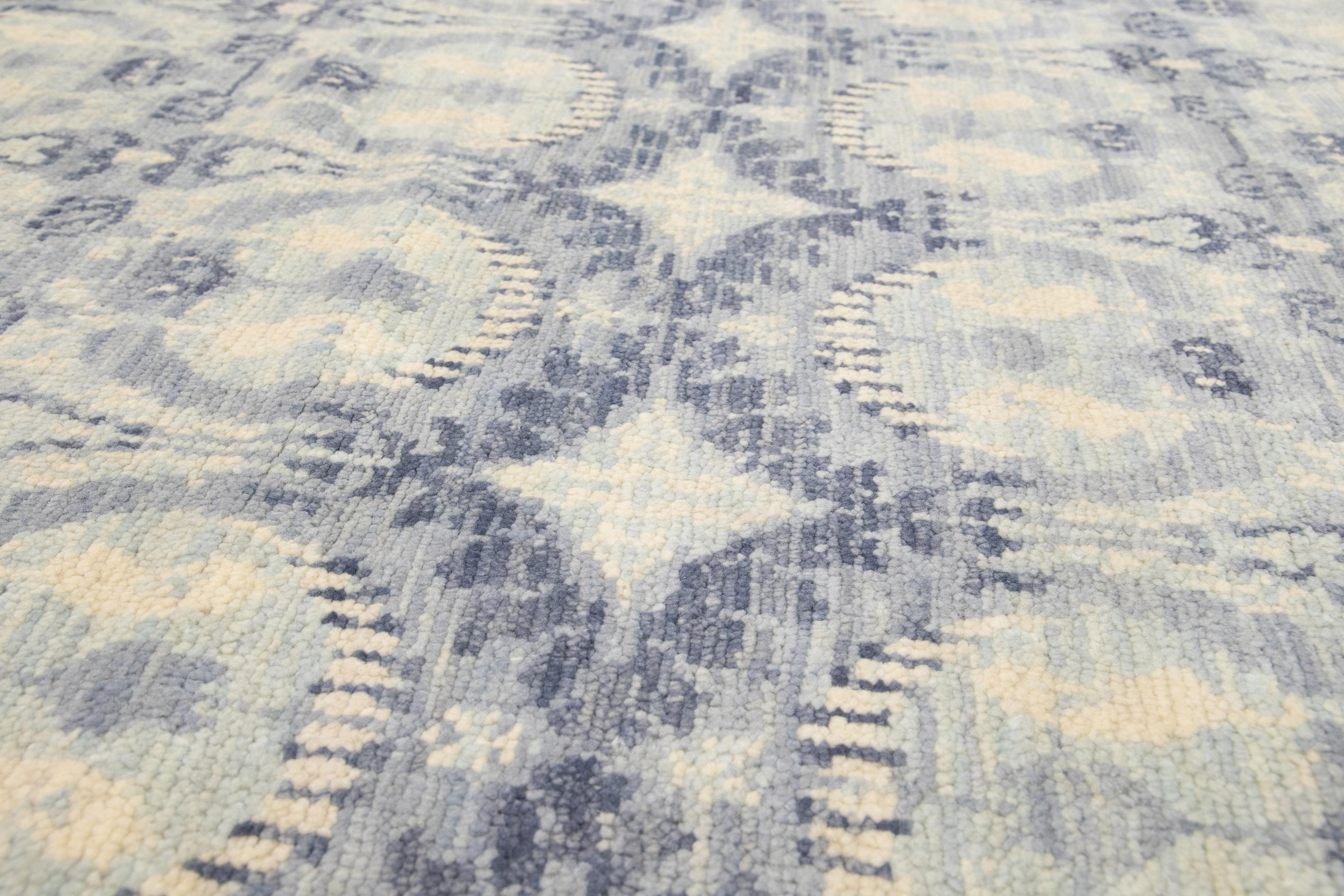 Hand-Knotted 10 x 20 Allover Designed Contemporary Ikat Wool Rug In Pale Blue Color For Sale