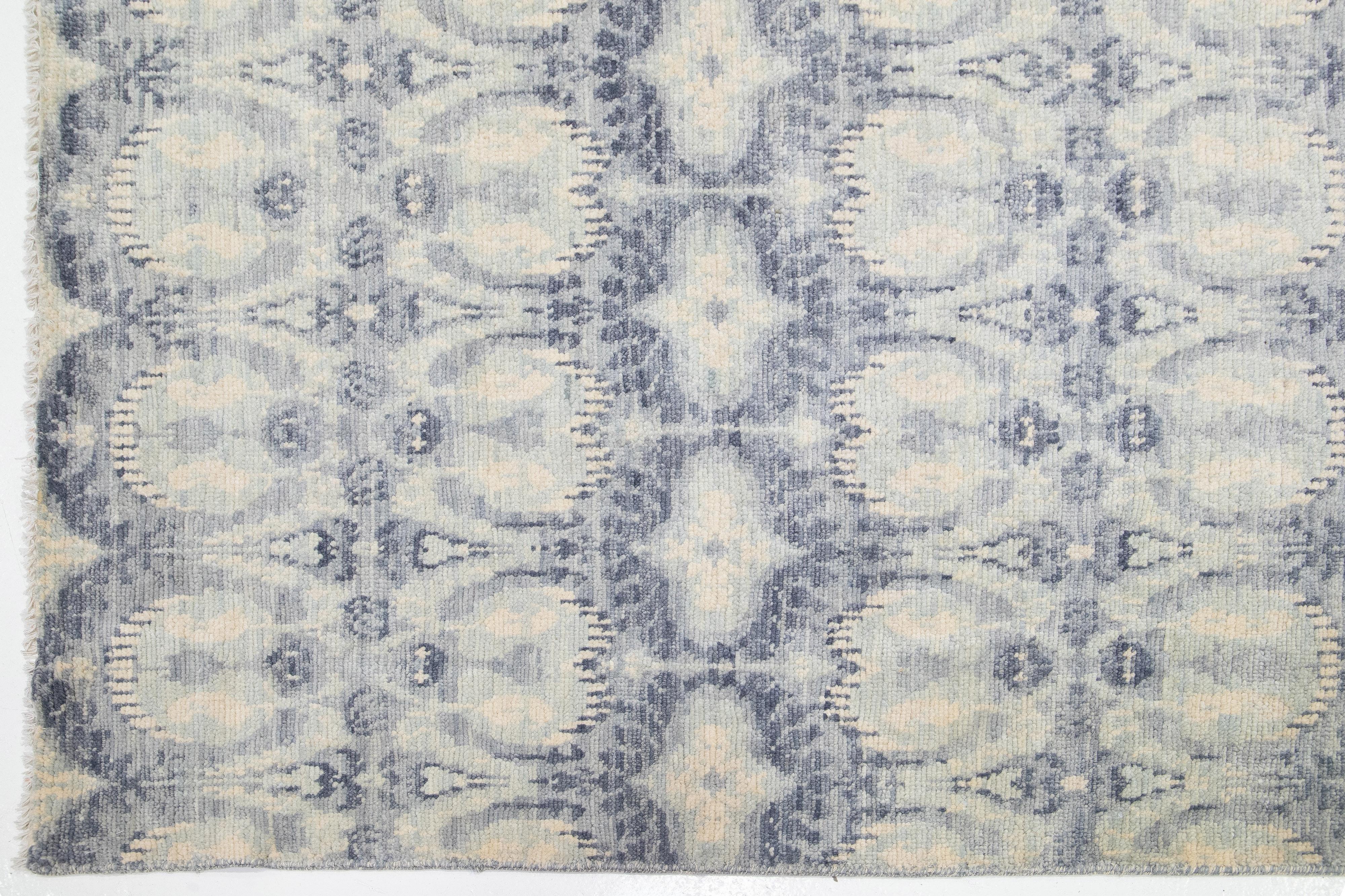 10 x 20 Allover Designed Contemporary Ikat Wool Rug In Pale Blue Color For Sale 1