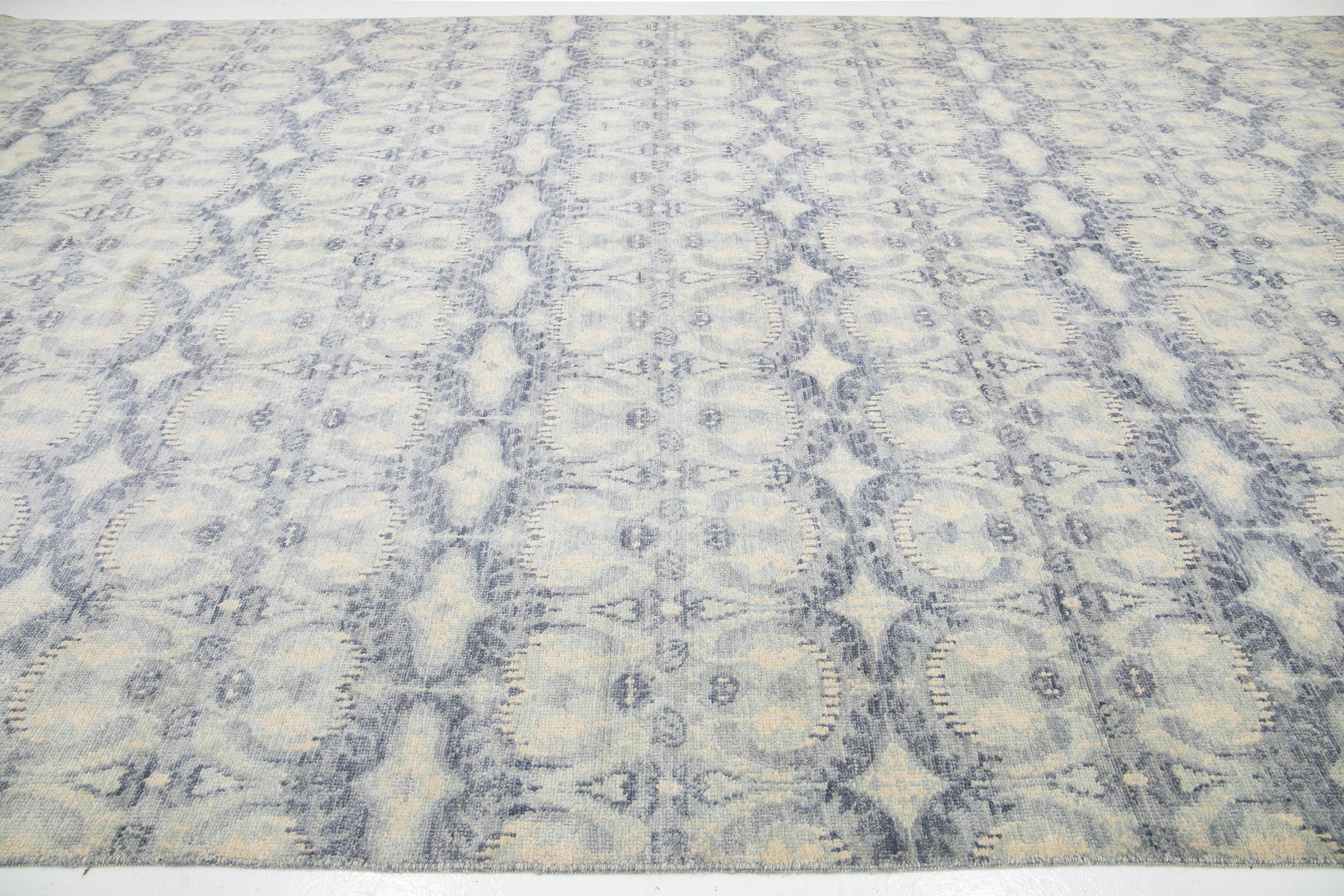 10 x 20 Allover Designed Contemporary Ikat Wool Rug In Pale Blue Color For Sale 2