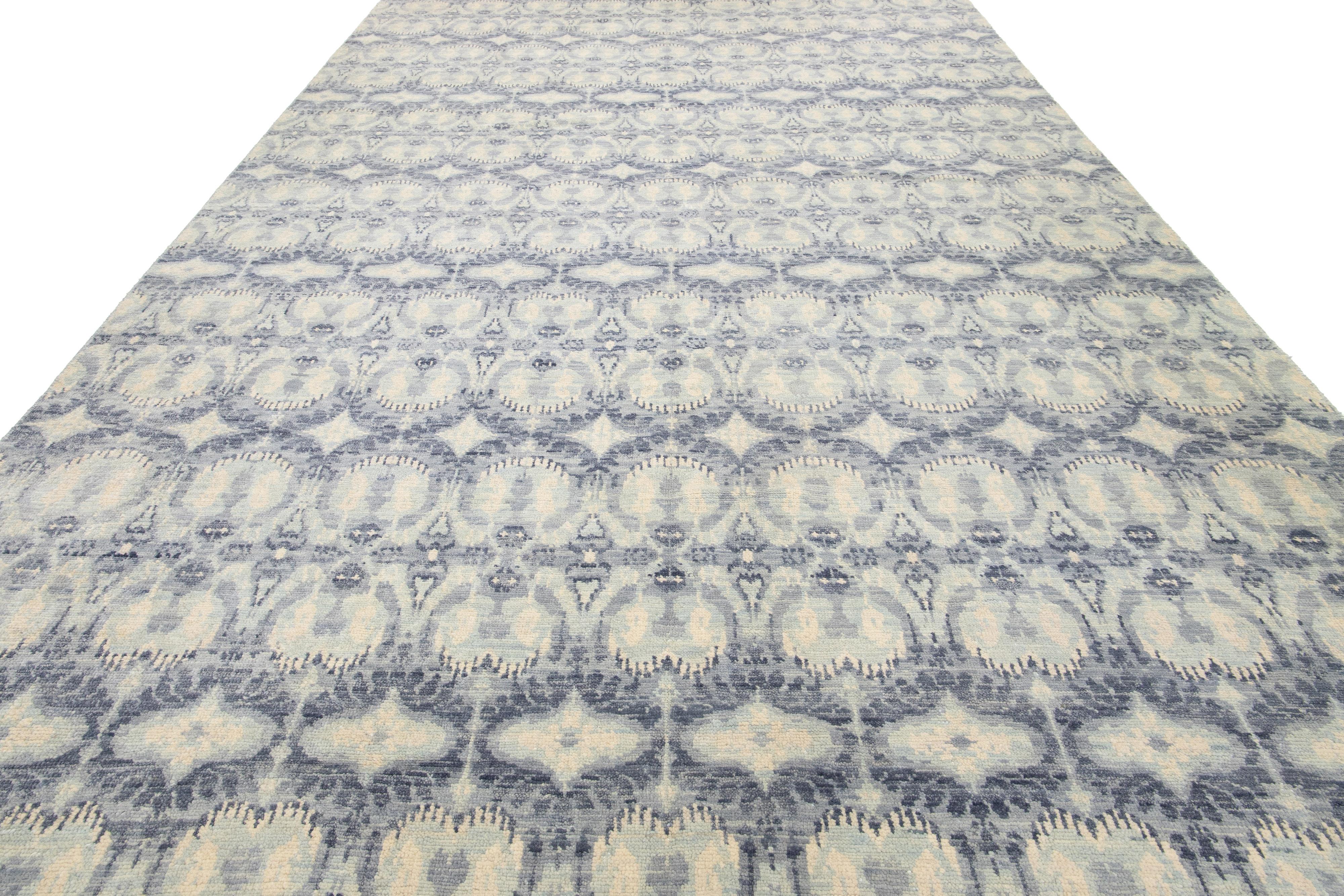 10 x 20 Allover Designed Contemporary Ikat Wool Rug In Pale Blue Color For Sale 3