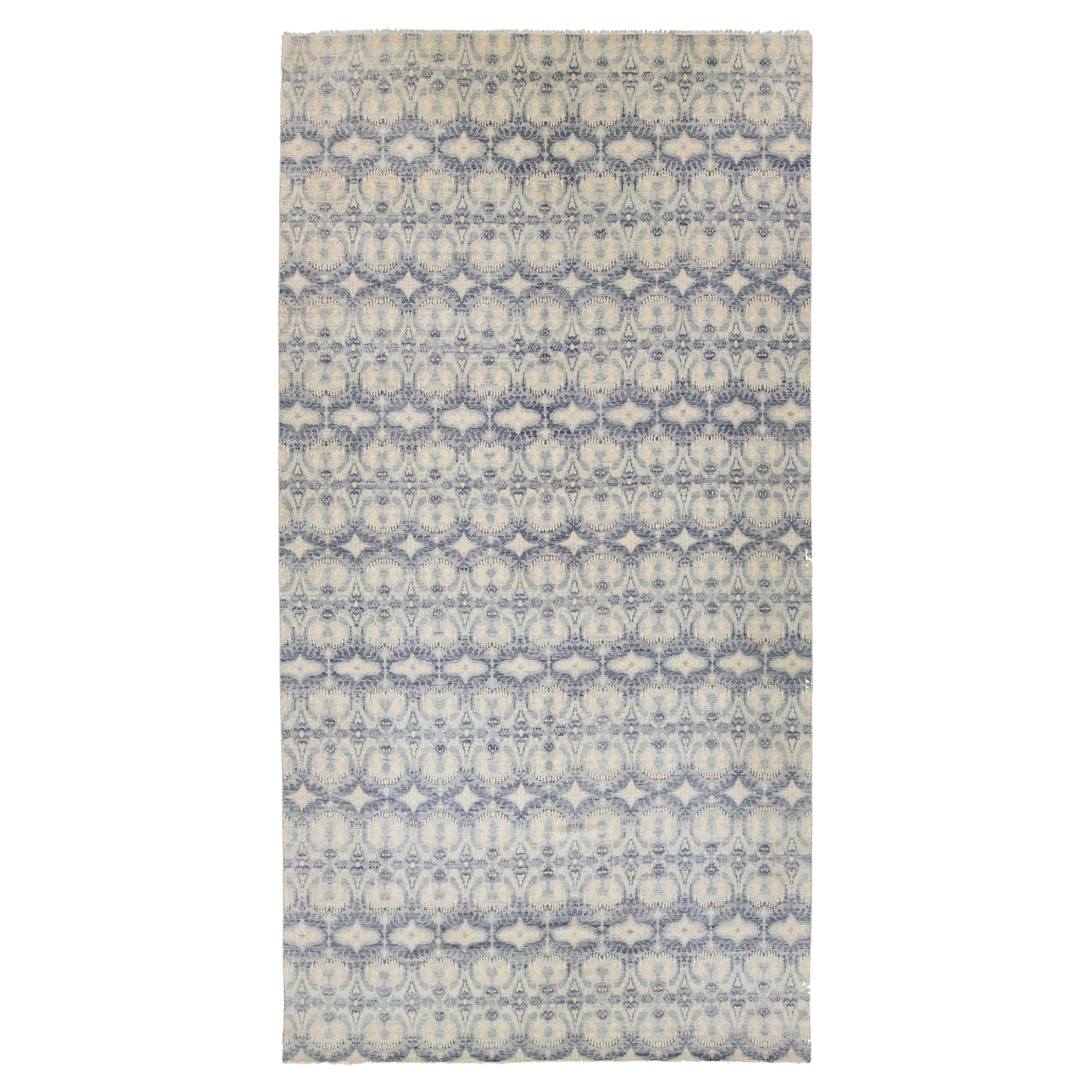 10 x 20 Allover Designed Contemporary Ikat Wool Rug In Pale Blue Color For Sale