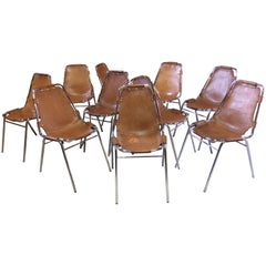 10 X Les Arcs Chairs Charlotte Perriand Dining Chairs Leather Set of Ten, 1960s