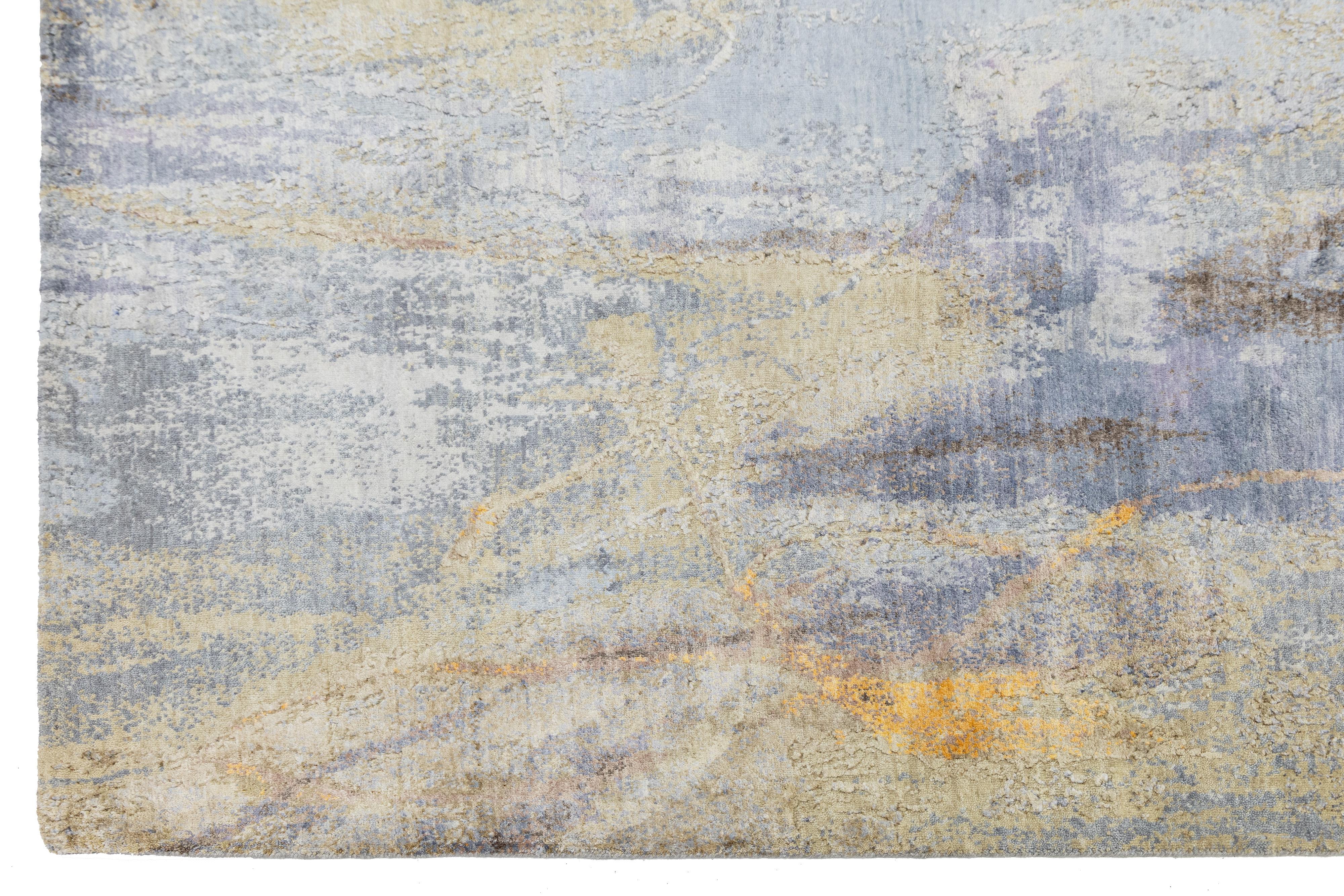 XXI secolo e contemporaneo 10 x14 Tappeto moderno fatto a mano in lana e seta astratta in grigio in vendita