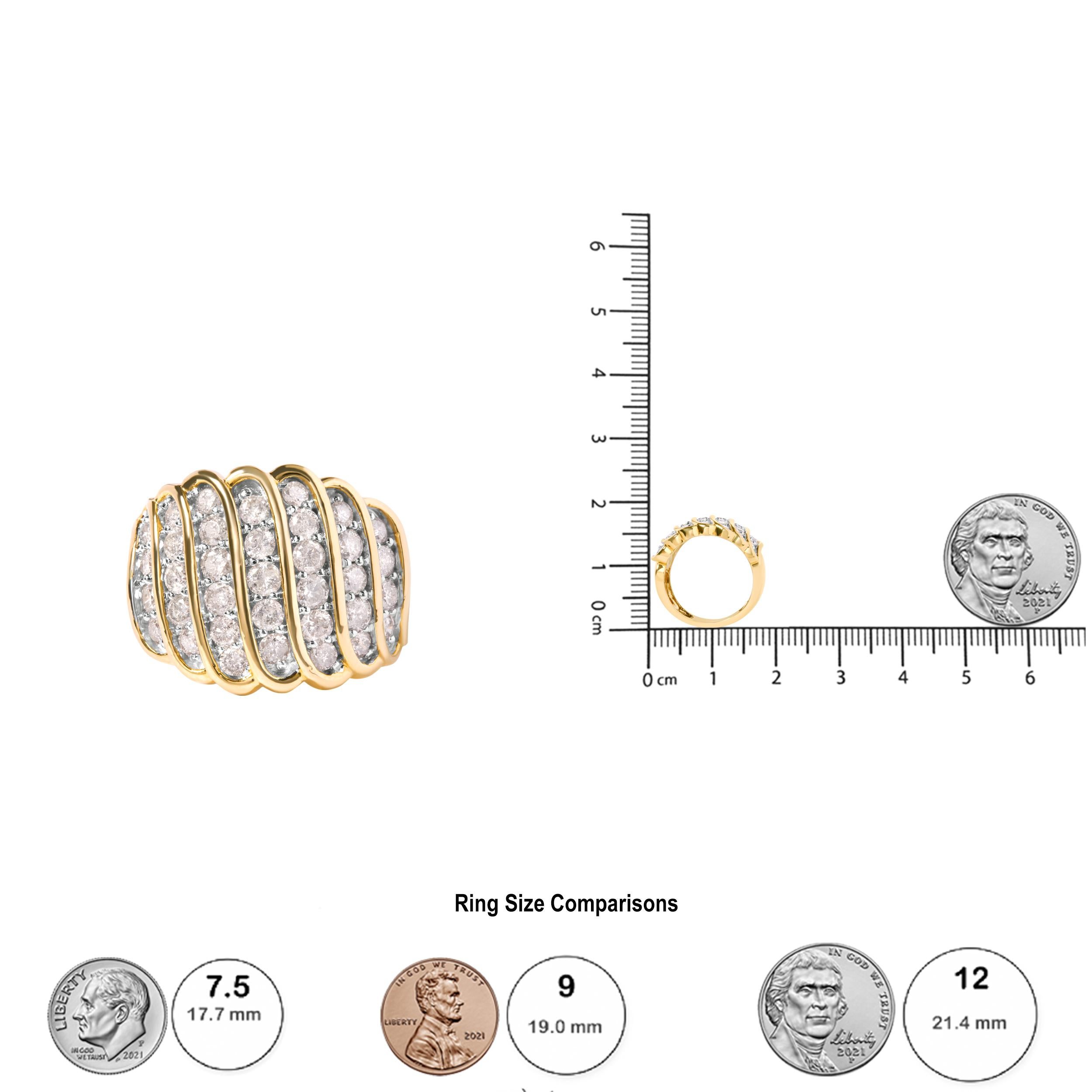 Strikingly beautiful, this stunning multi-row diamond band ring is crafted from genuine 10K Yellow gold, a metal that will stay tarnish free for years to come! The ring has a vertical multi-row design that is separated by curved 