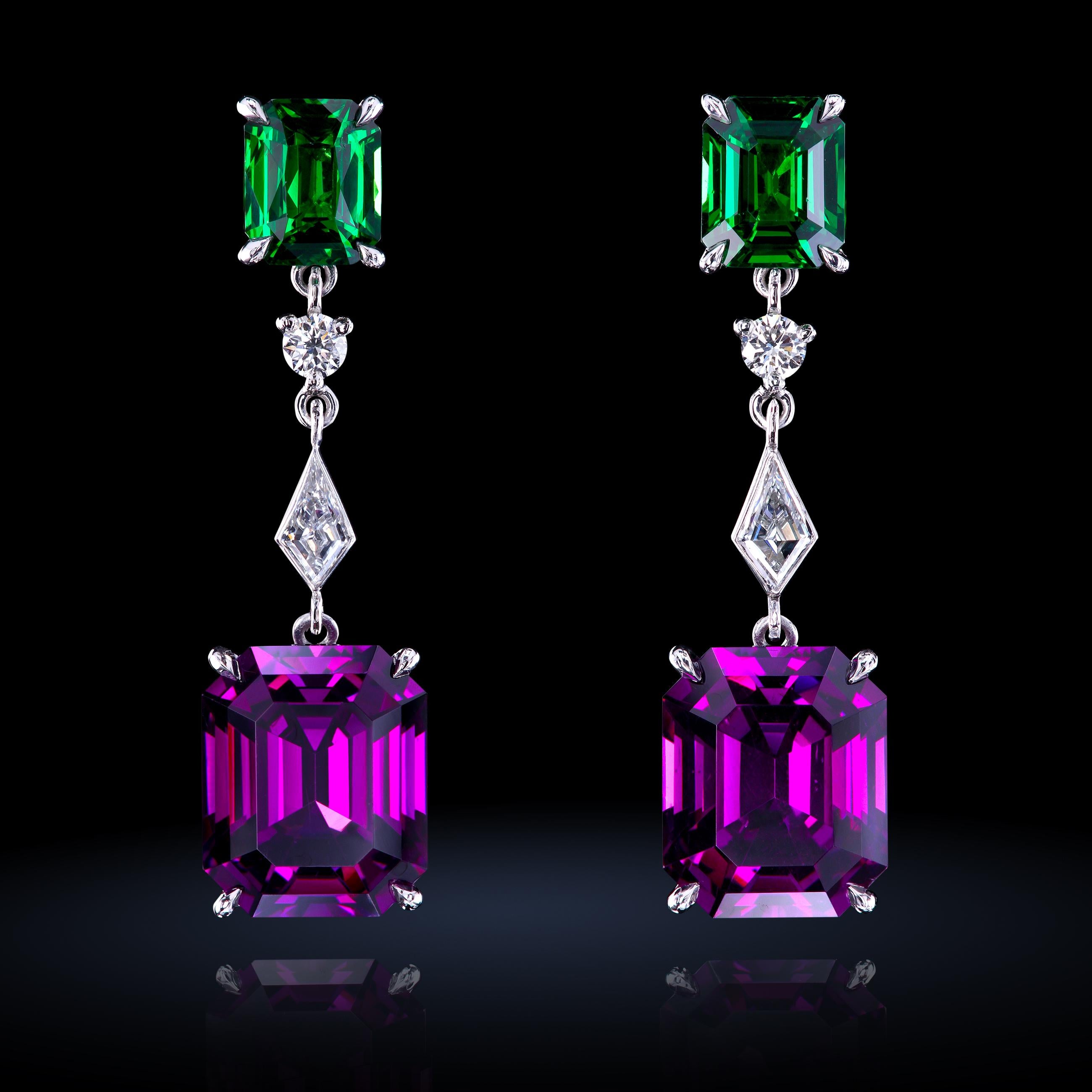 Emerald Cut 100 Anniversary of Suffragette Movement Garnet, Tsavorite, Diamond Drop Earrings