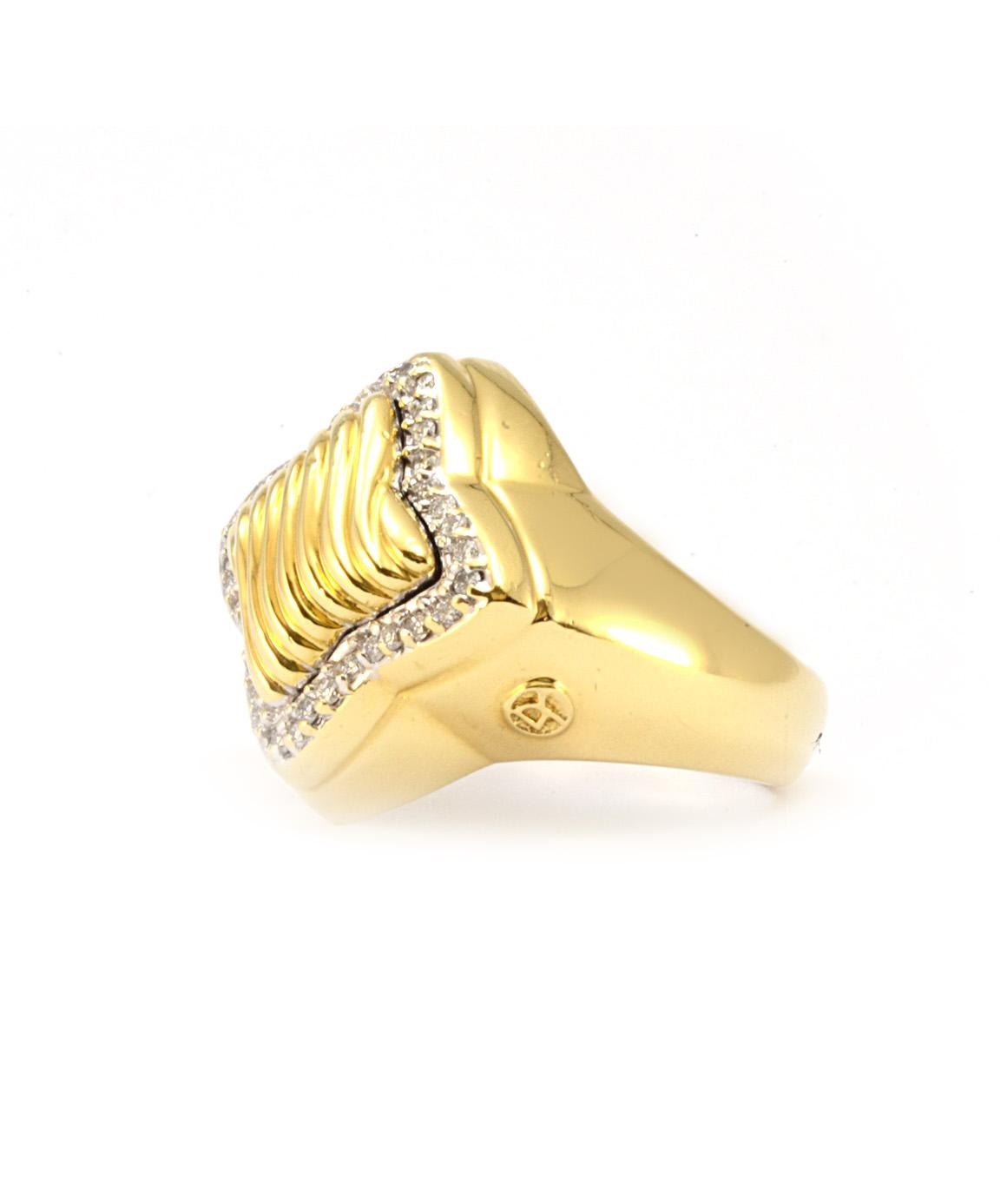 100% Authentic David Yurman 18K Yellow Gold Natural Diamond Ring in Excellent Condition! This beautiful yellow gold ring is a size 7 1/4, and weighs 16.2 grams. Approximately 3/4 inch x 3/4 inch. This ring has about 40 diamonds around it,