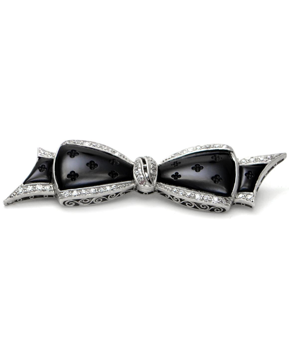 J.E Caldwell & Co. Pure Platinum Designer Diamond and Carved Onyx Bow In Excellent Condition In Manchester, NH