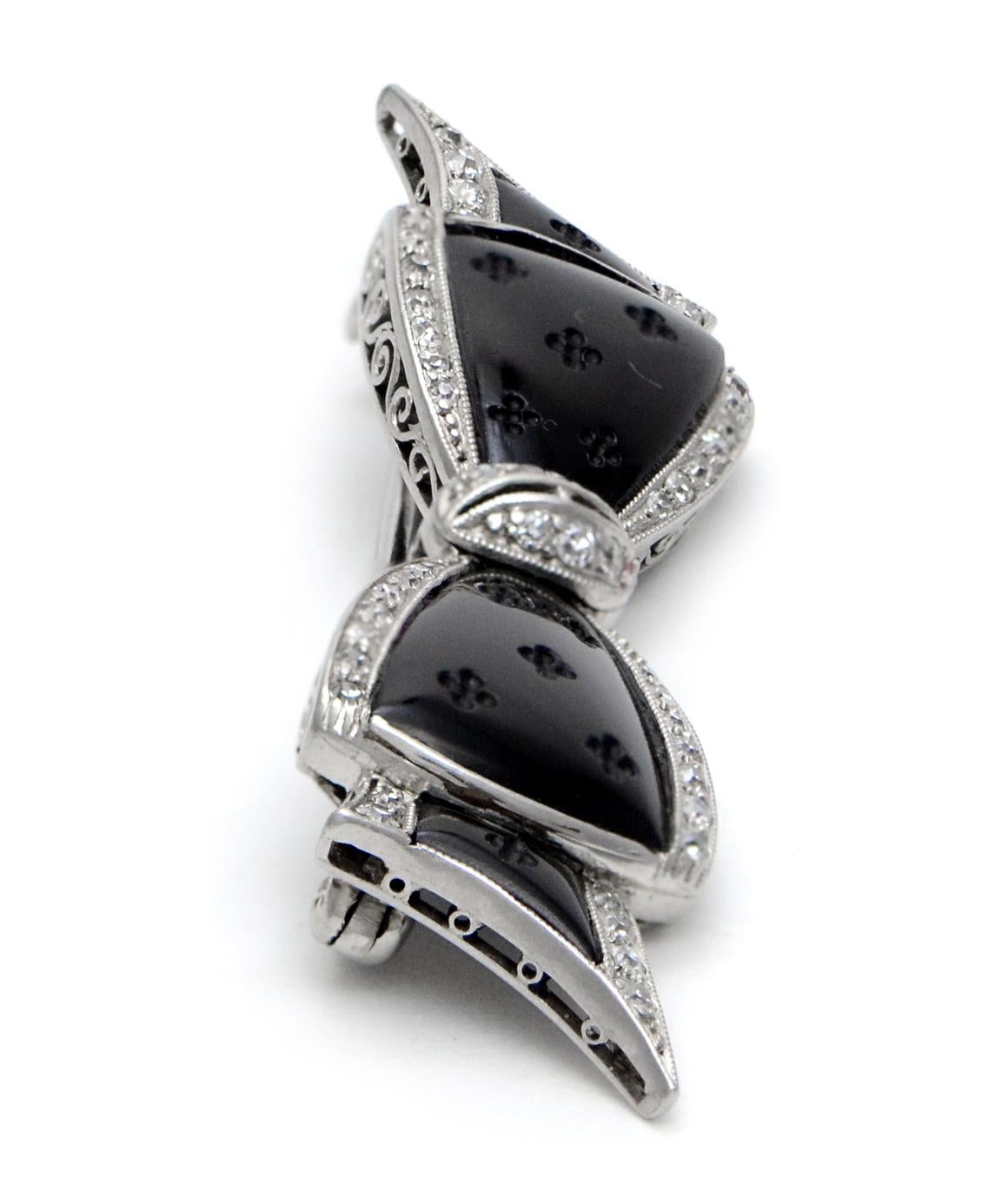 J.E Caldwell & Co. Pure Platinum Designer Diamond and Carved Onyx Bow 1
