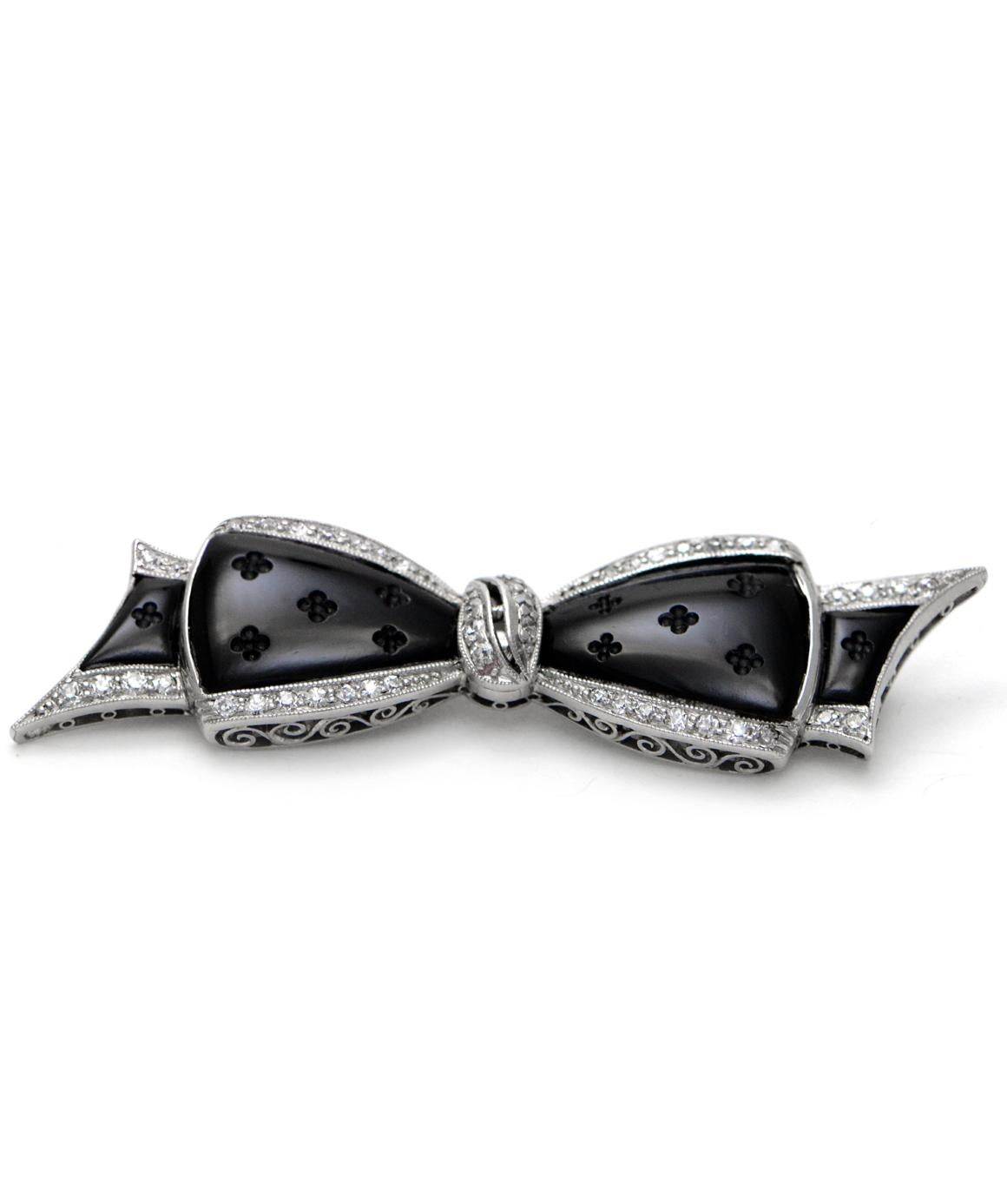 J.E Caldwell & Co. Pure Platinum Designer Diamond and Carved Onyx Bow 2