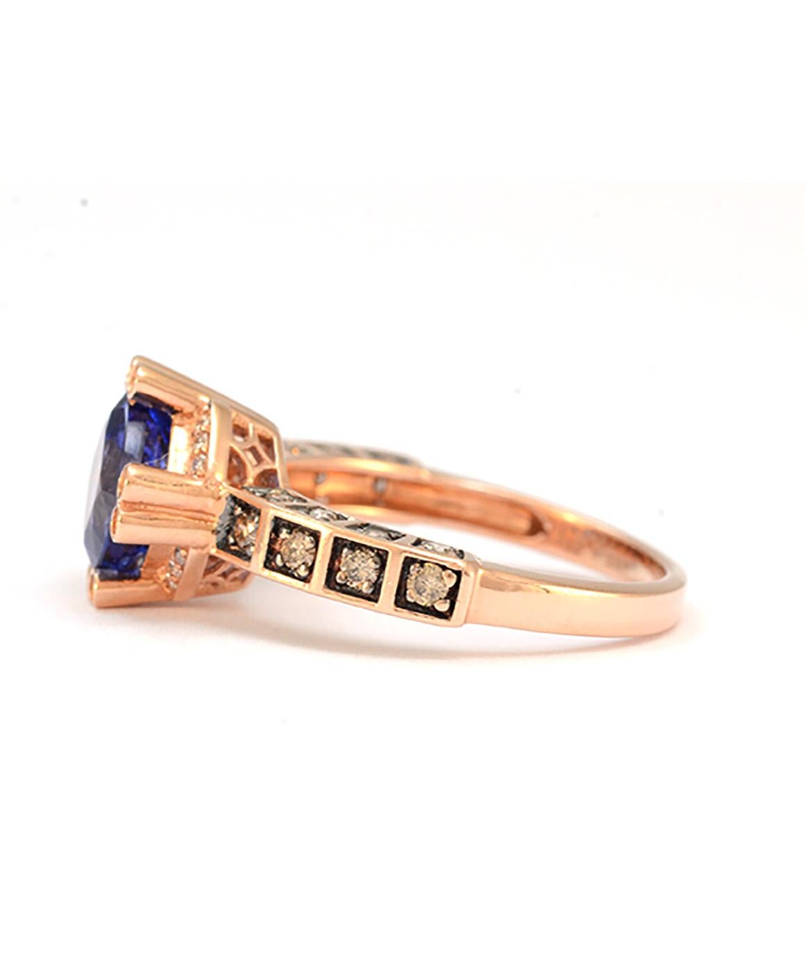 100% Authentic 14K Rose Gold LeVian Tanzanite & Diamond Ring! With Certification. This beautiful ring comes with the registered information. The ring has 44 round diamonds approximately 1/2cts. Diamond color, (H-I) (BRN) clarity (SI1-2)(VS-SI). And