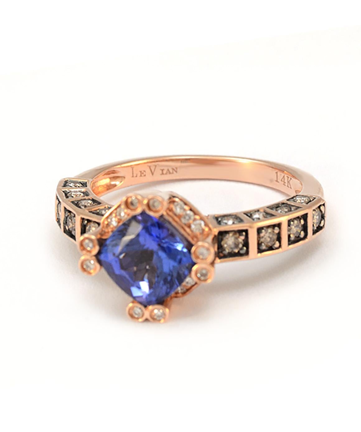 100% Authentic LeVian Solid 14 Karat Rose Gold Tanzanite and Diamond Ring In Excellent Condition In Manchester, NH