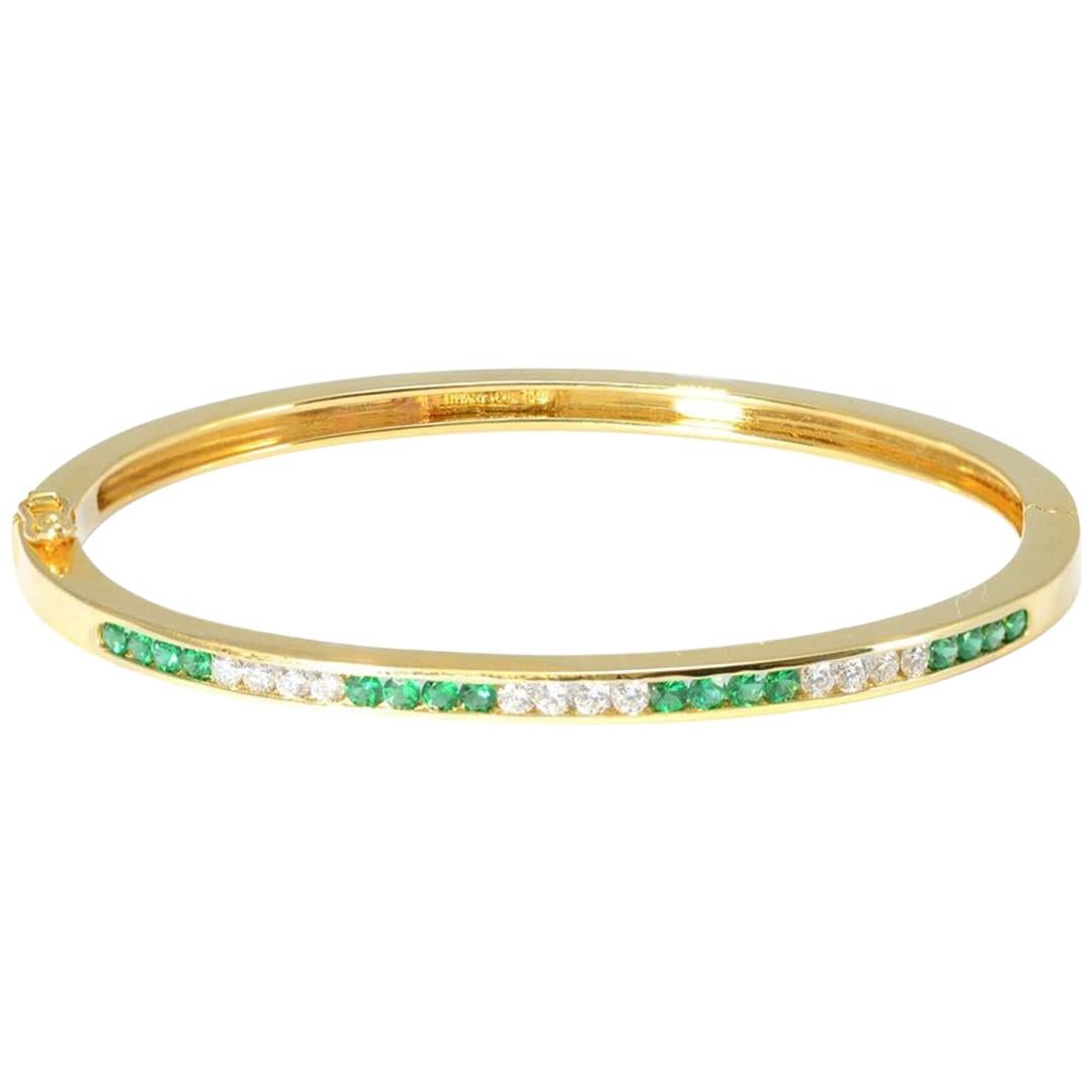 100% Authentic Tiffany & Co. Solid 18 Karat Gold Emerald and Diamond Bangle