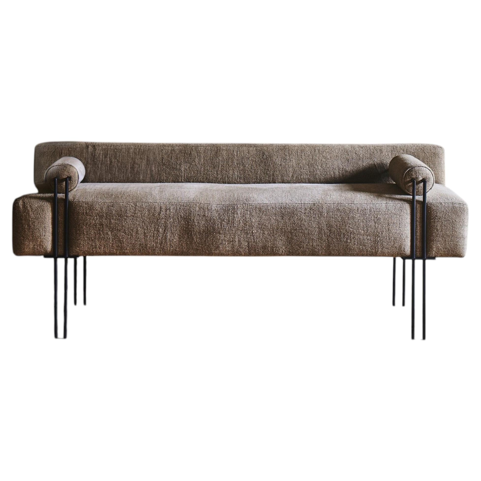 100% Belgian Linen Upholstered Bench with Iron Accents.