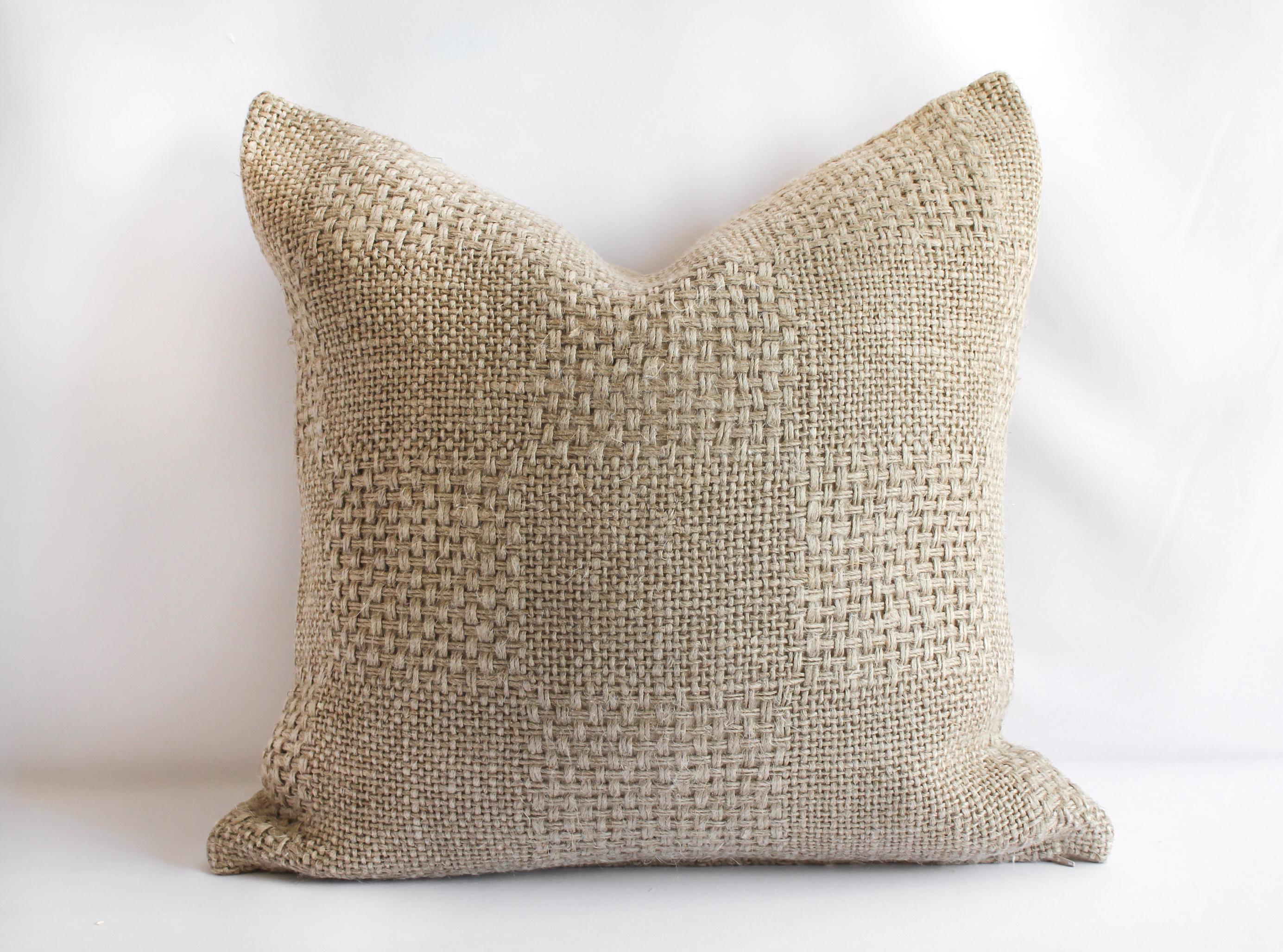 100% Belgian natural linen decorative accent pillow with a large woven pattern. One of favorite pillows with its unique weaving.
Extremely soft hand, zipper closure, overlocked edges and finished in a solid natural linen backing. Down insert can be