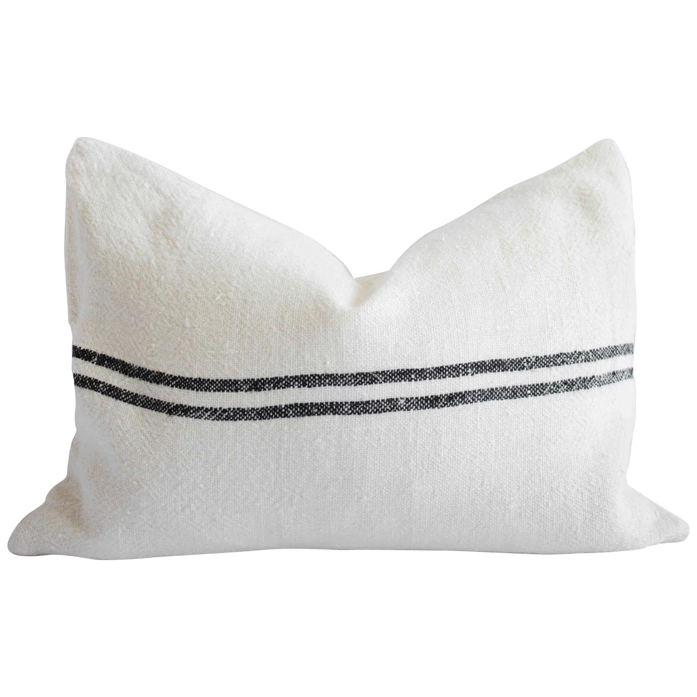 100% Belgian Off White Linen Lumbar Pillow with Black Stripes