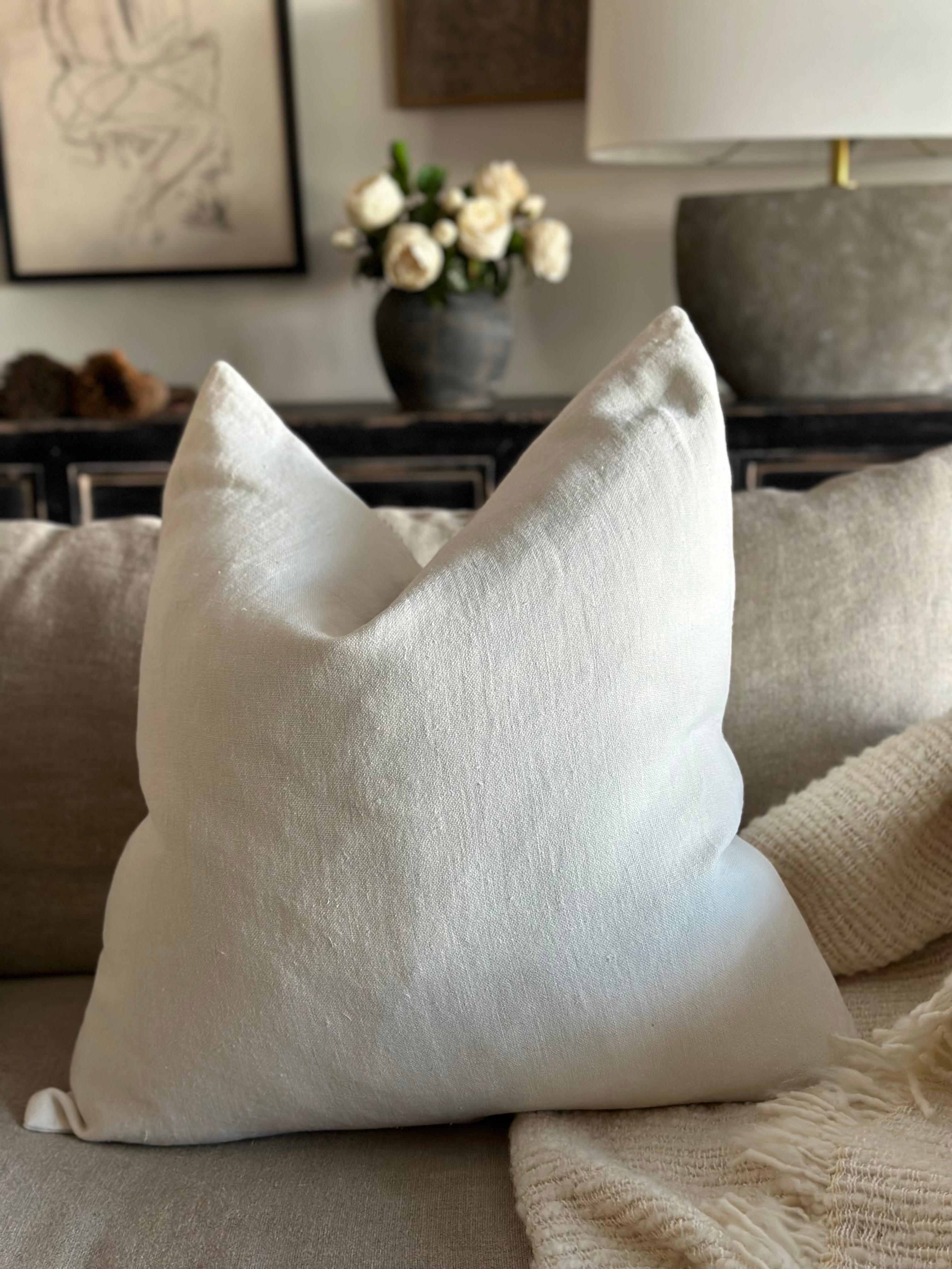 Contemporary 100% Belgium Linen Oyster White Pillow with Down Feather Insert For Sale
