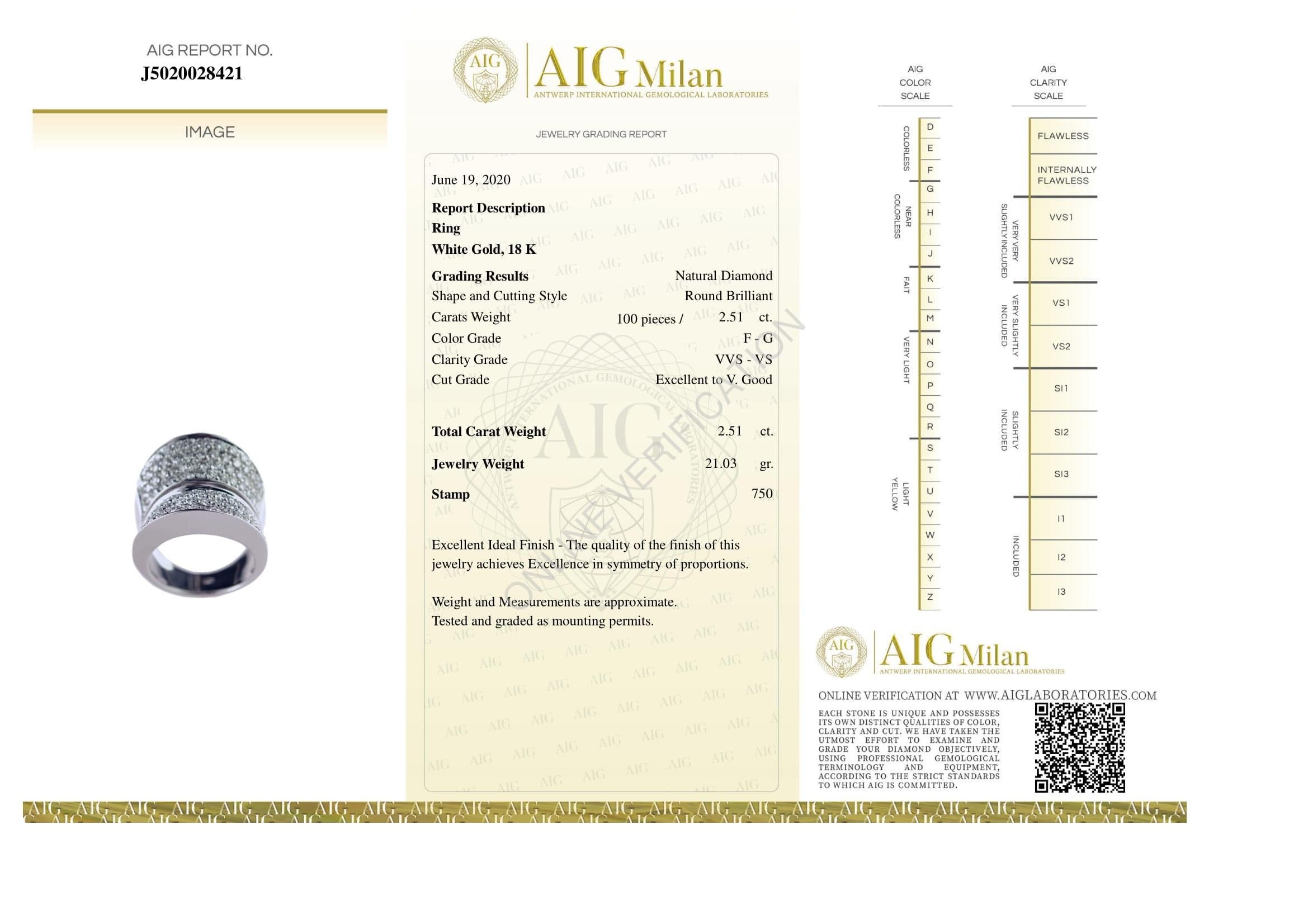 Wunderschönes und beeindruckendes Design. Eine klare Mischung aus modern und klassisch. ring aus 18 Karat Weißgold, verziert mit einem Cluster aus 100 Diamanten im runden Brillantschliff.  AIG zertifiziert (Farbe, Reinheit, Schliff und