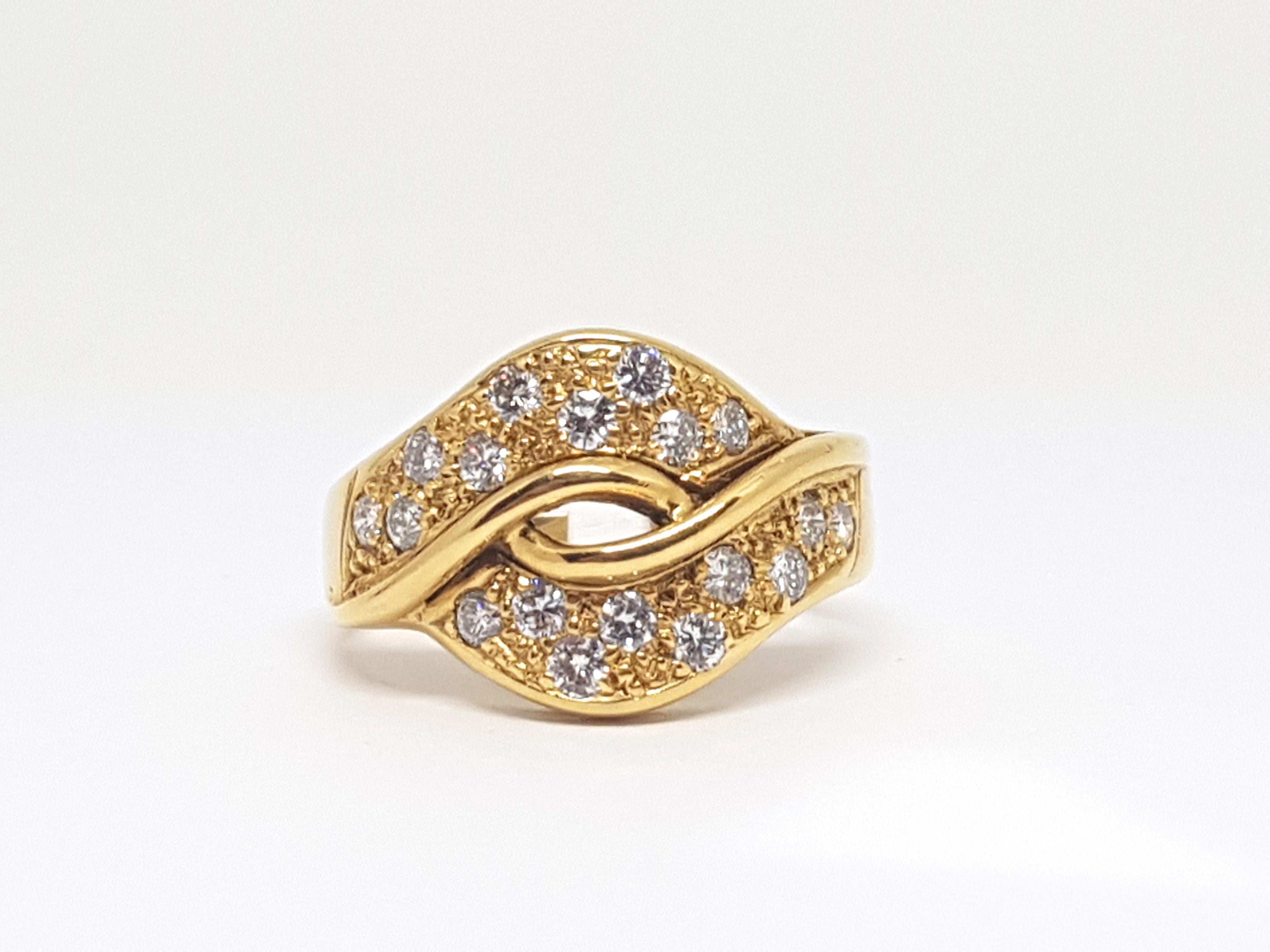 Gold: 18K Yellow Gold. 
Weight: 5,90 gr. 
Diamonds: 1,00ct. G / VS 
Width: 1,3 cm 
Ringsize: 56 / 18,00mm 
Free resizing of ring up to size 70 / 22mm 
Shipping: free worldwide insured shipping 
All of our jewellery comes with a certificate and a 5