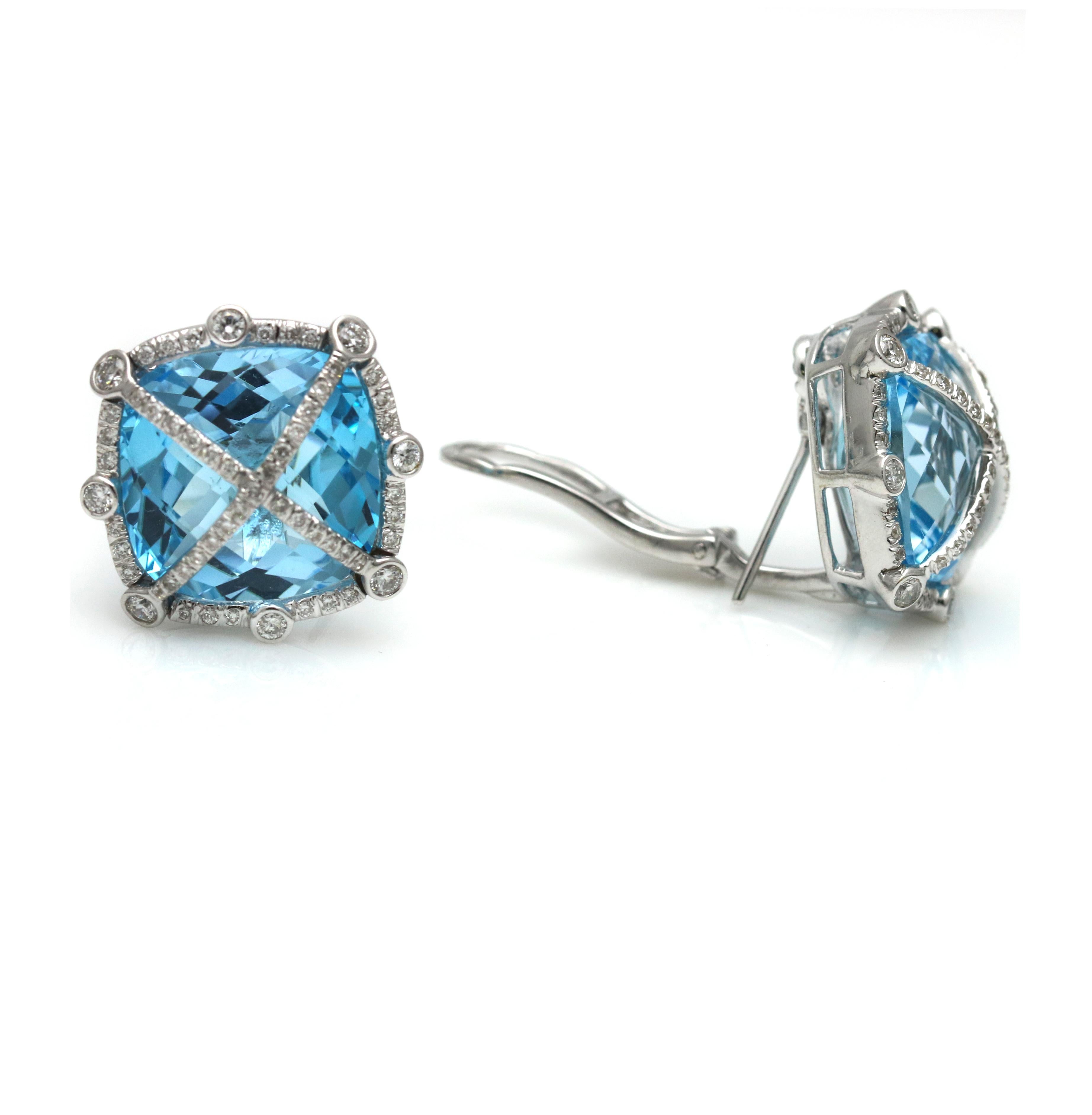 Round Cut 1.00 Carat 18 Karat White Gold Blue Topaz Diamond Stud Earrings For Sale