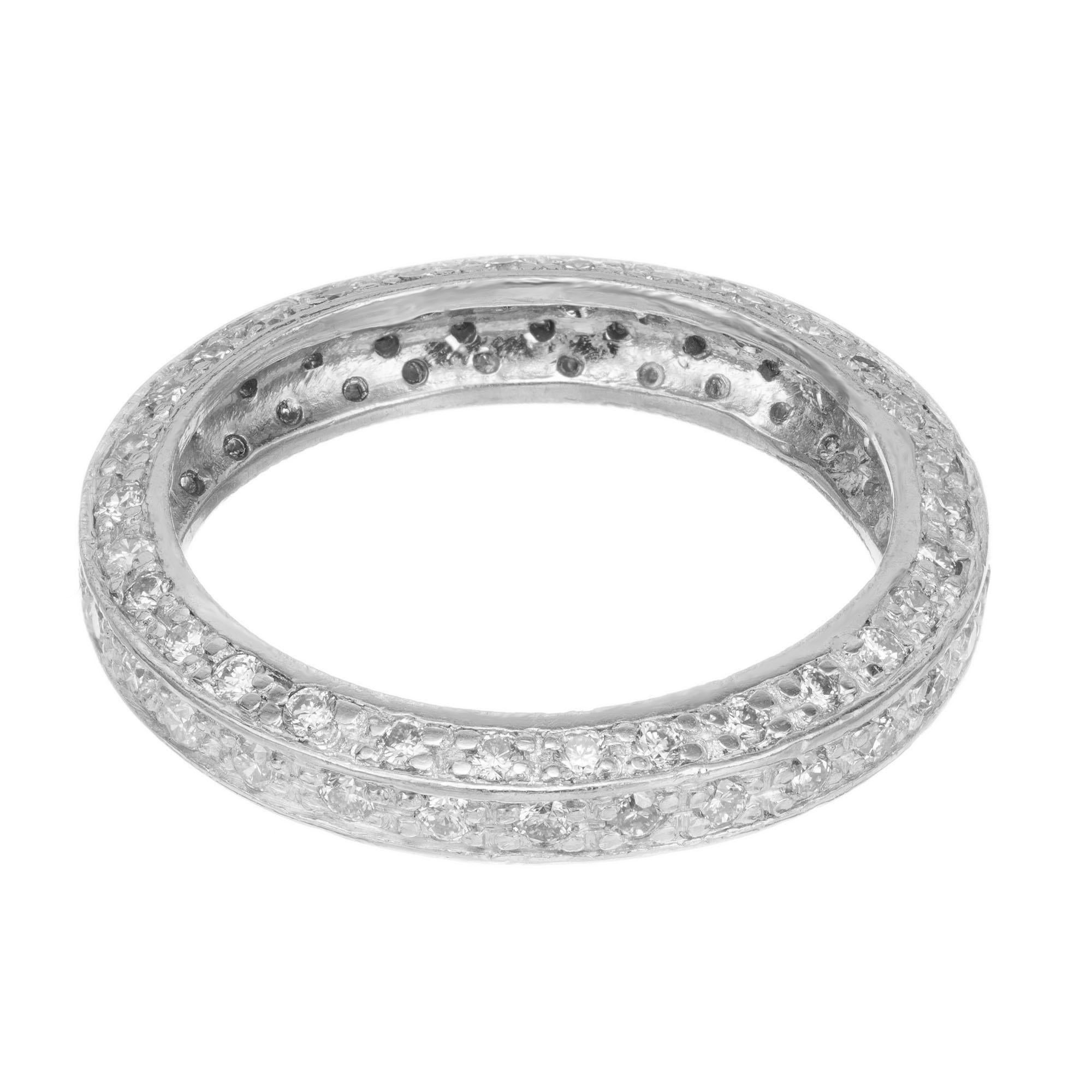 Diamond platinum eternity wedding band ring. 90 round brilliant cut pave set diamonds, on top, middle and bottom sides, set in platinum.

90 round brilliant cut diamonds, G-H SI approx. 1.00cts
Size 6 and not sizable 
Platinum 
Tested: Platinum 
4.8