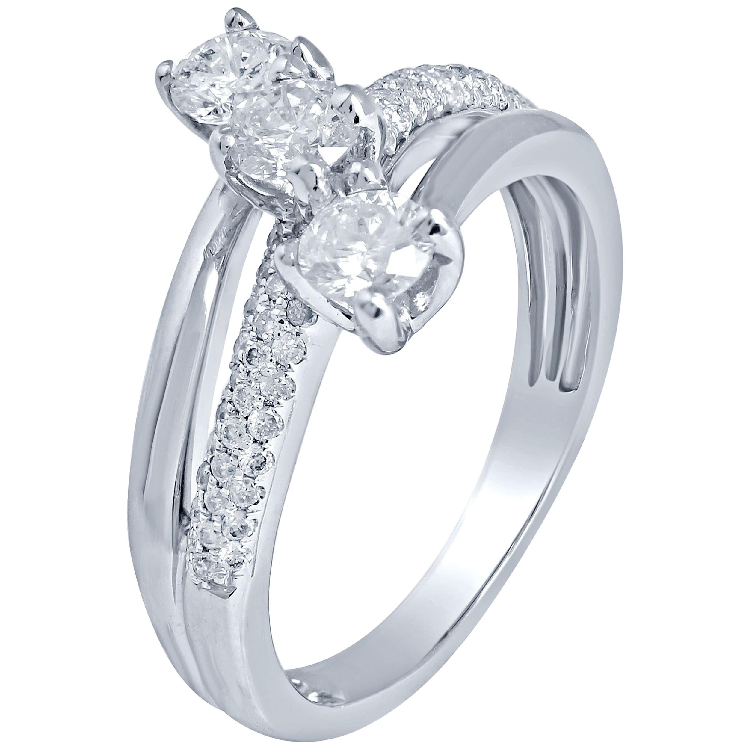 1.00 Carat 3-Stone and Pave Diamond Certified Diamond Ring 14 Karat White Gold For Sale