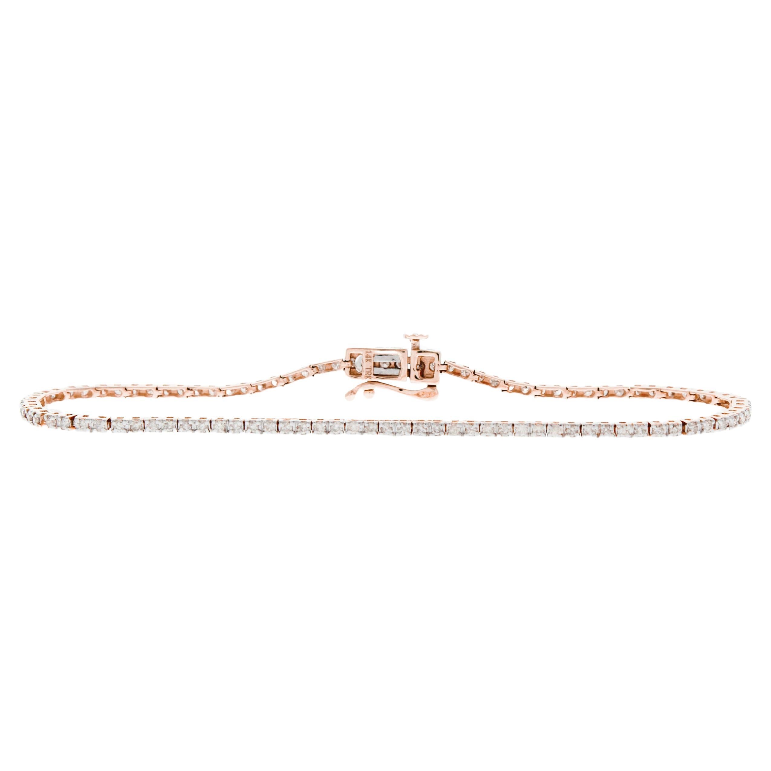 Bracelet tennis à 4 griffes en or rose 14 carats avec diamants ronds de 1,00 carat en vente