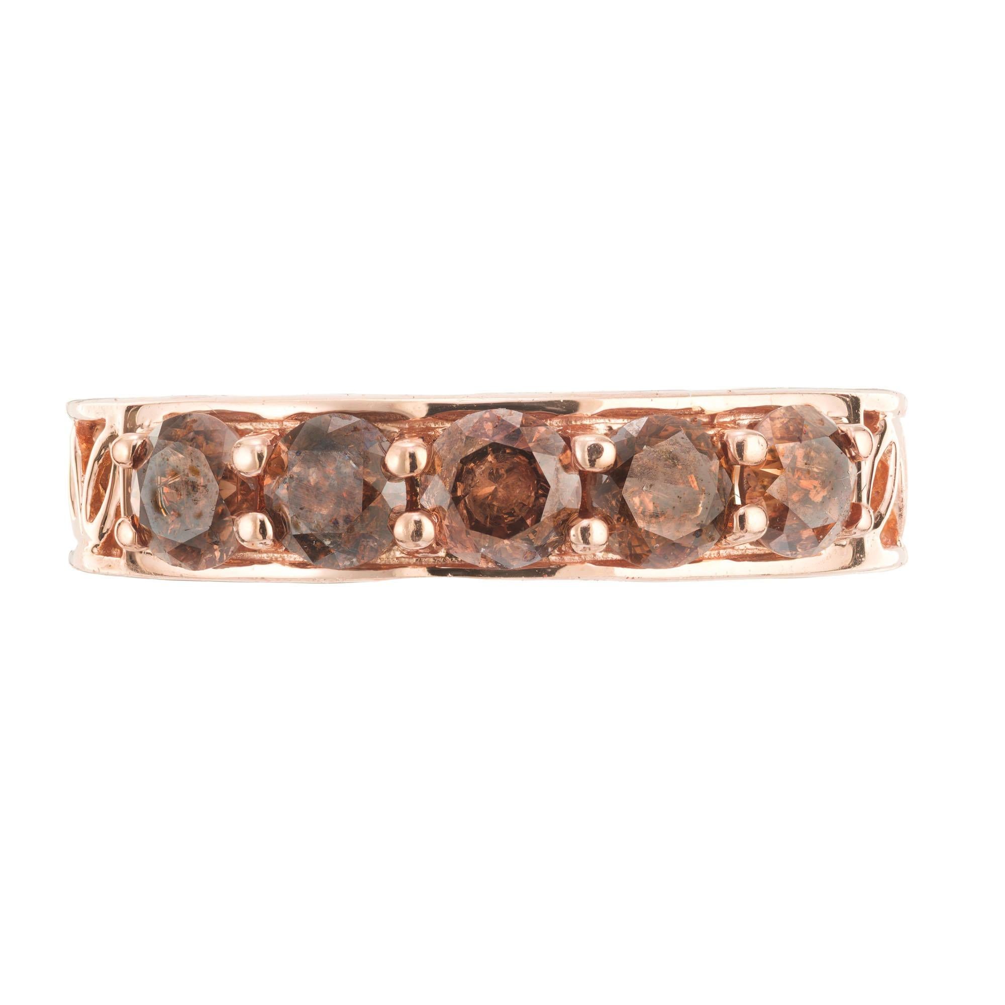 1960's mid-century Diamond rose gold wedding band ring. 5 brown round diamonds set in and open work 14k rose gold wedding band ring. 

5, 4mm natural color brown diamonds, fancy deep color with a hint of pink, approx. total weight 1.00cts
Size 6 and