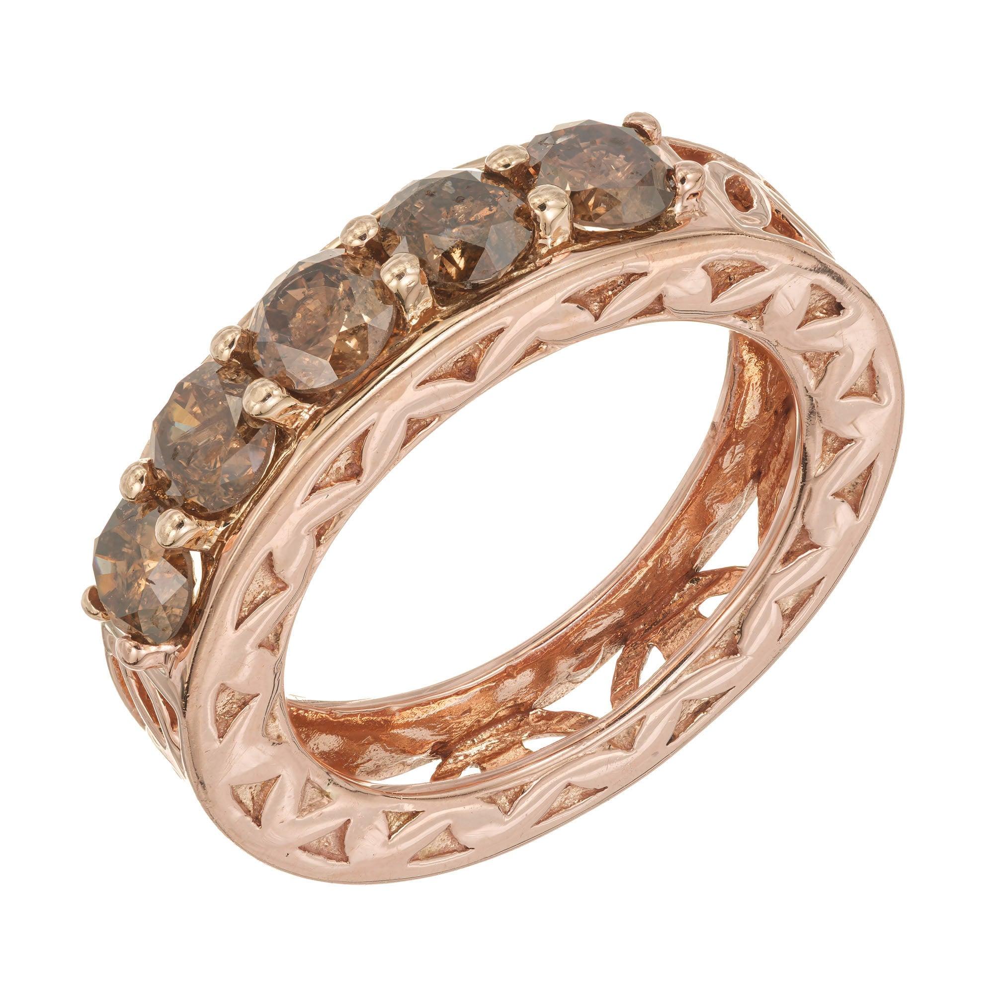 1.00 Carat 5 Stone Natural Brown Diamond Rose Gold Mid-Century Wedding Band Ring For Sale