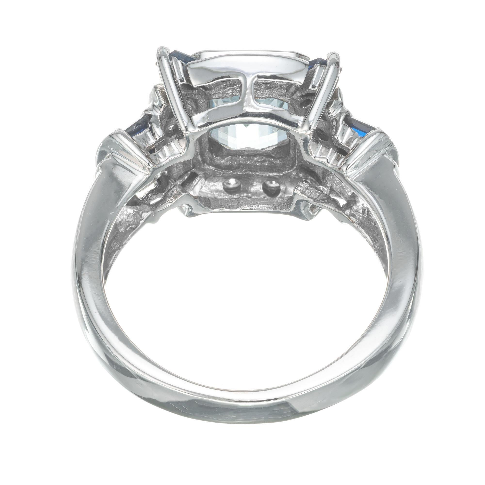 Baguette Cut 1.00 Carat Aqua Sapphire Diamond Halo White Gold Ring For Sale