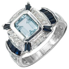 1.00 Carat Aqua Sapphire Diamond Halo White Gold Ring