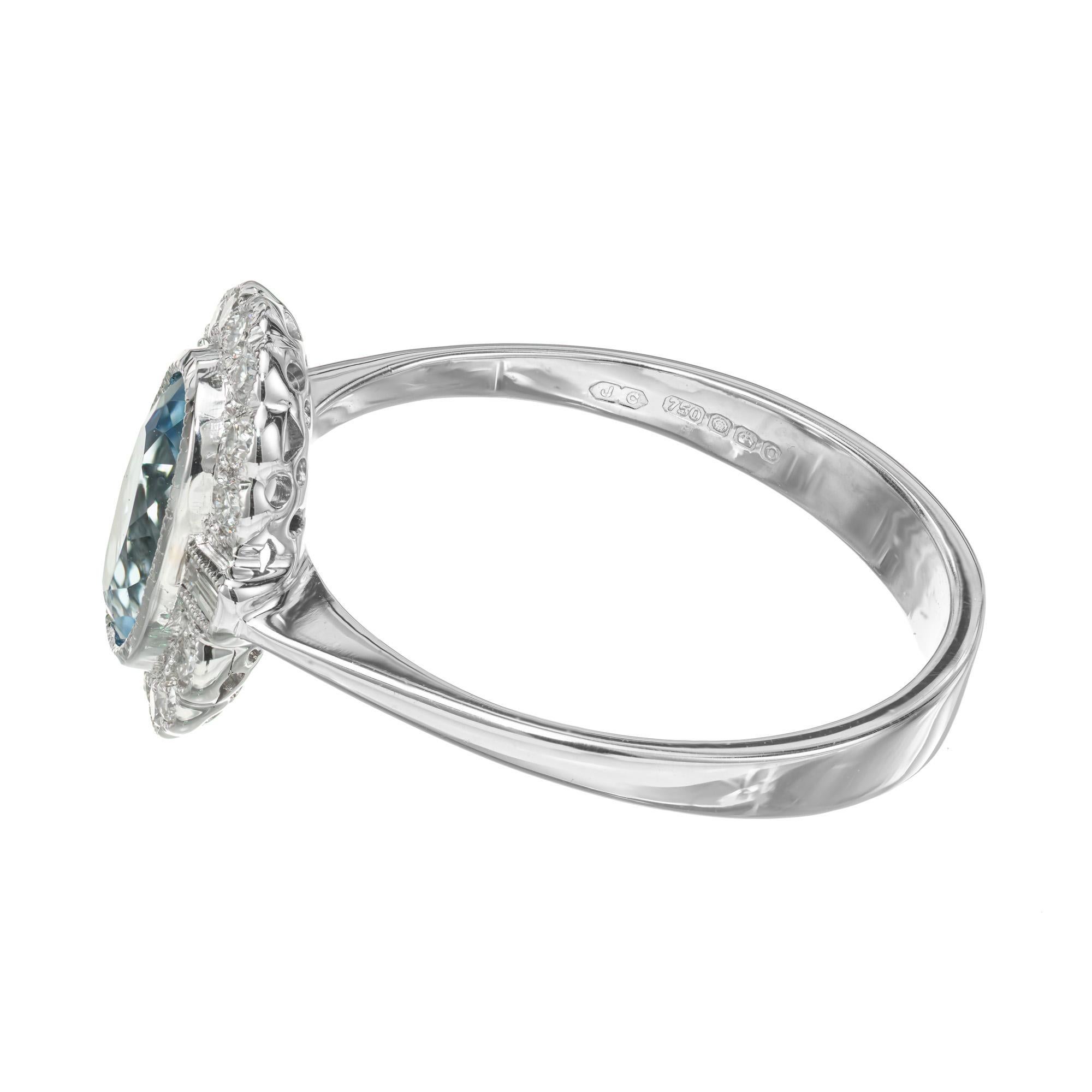 Oval Cut 1.00 Carat Aquamarine Diamond Halo White Gold Ring For Sale