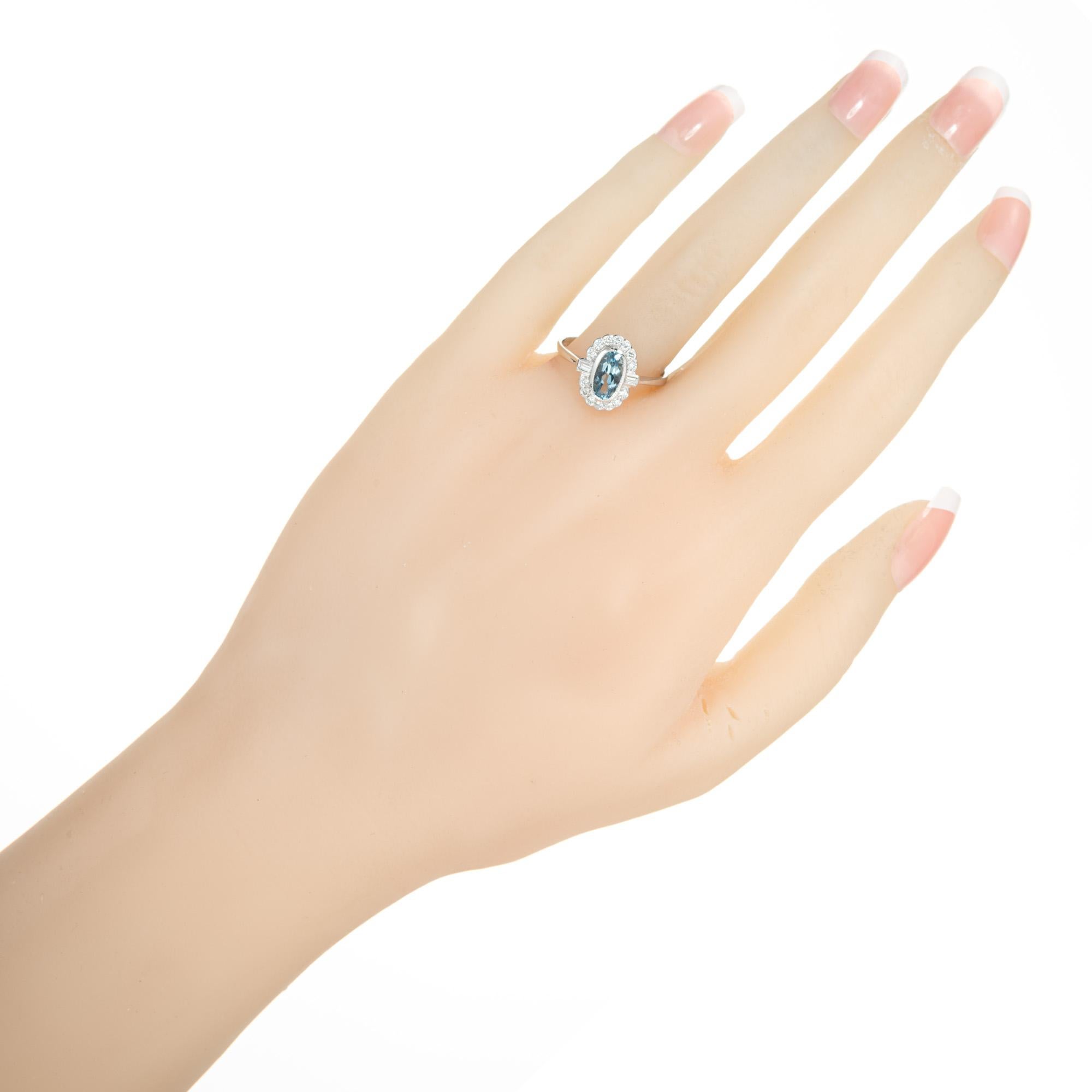 1.00 Carat Aquamarine Diamond Halo White Gold Ring For Sale 1