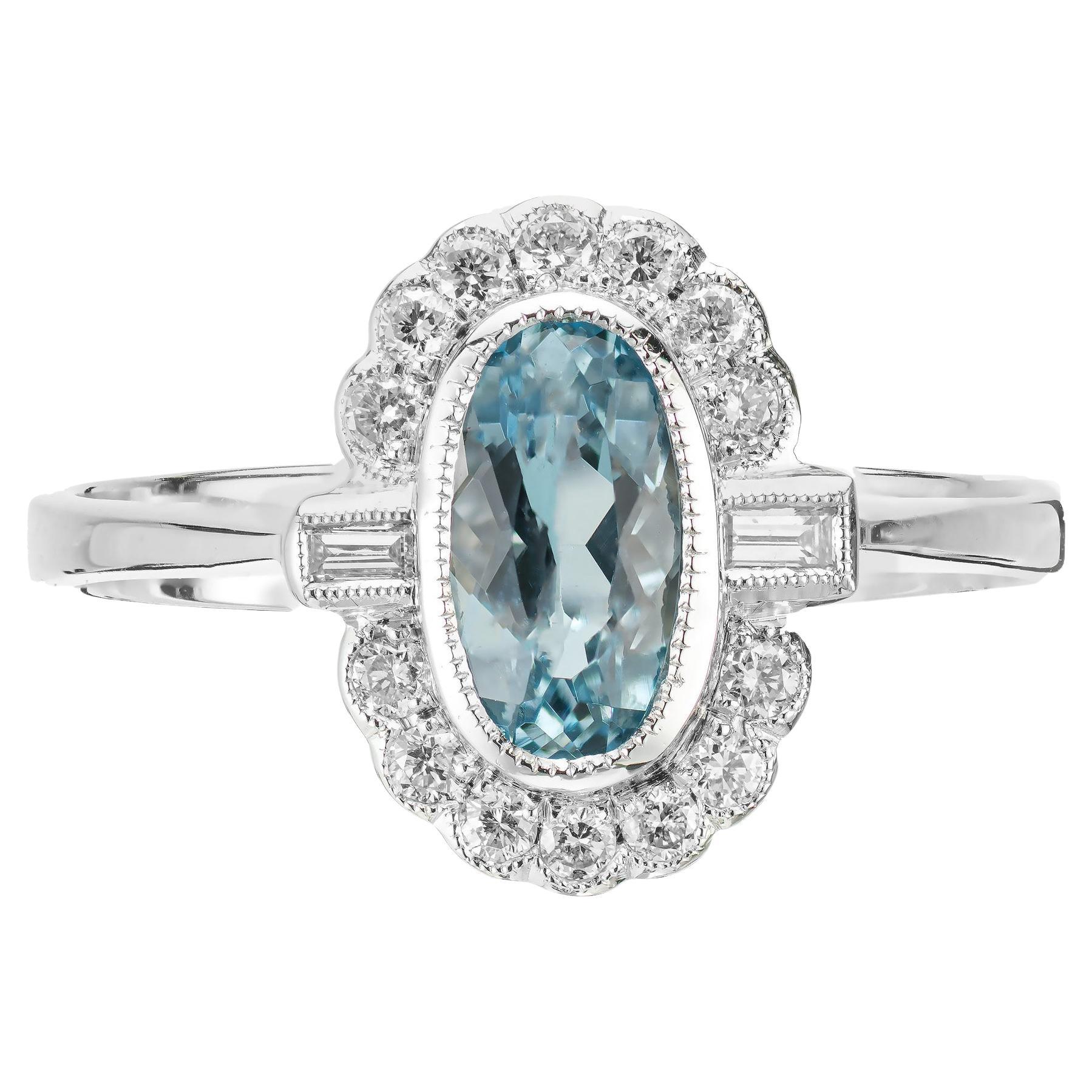 1.00 Carat Aquamarine Diamond Halo White Gold Ring For Sale