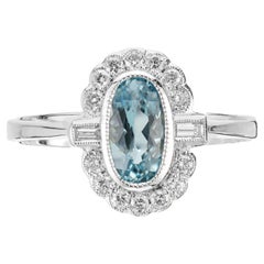 1.00 Carat Aquamarine Diamond Halo White Gold Ring