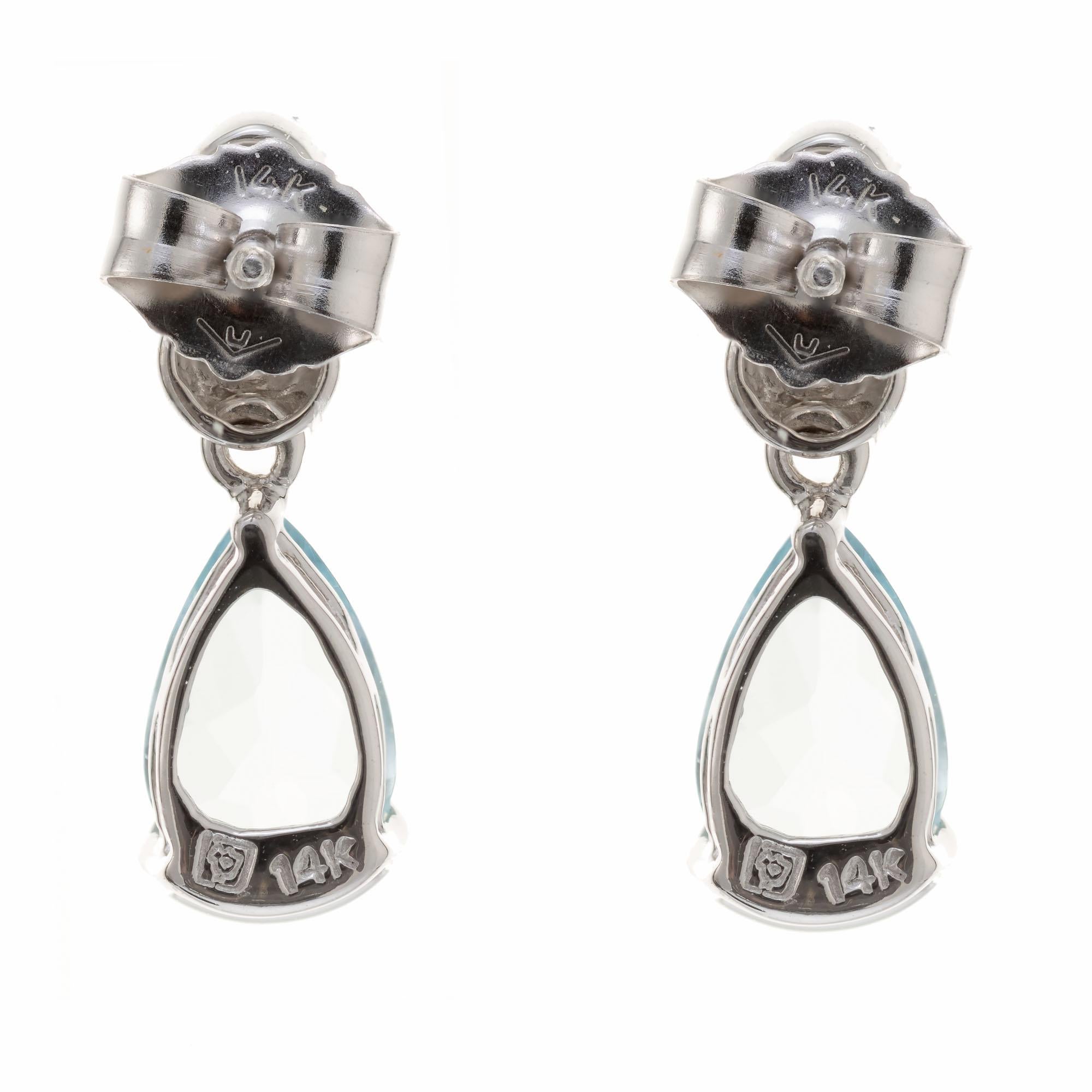 Pear Cut 1.00 Carat Aquamarine Diamond White Gold Dangle Earrings For Sale