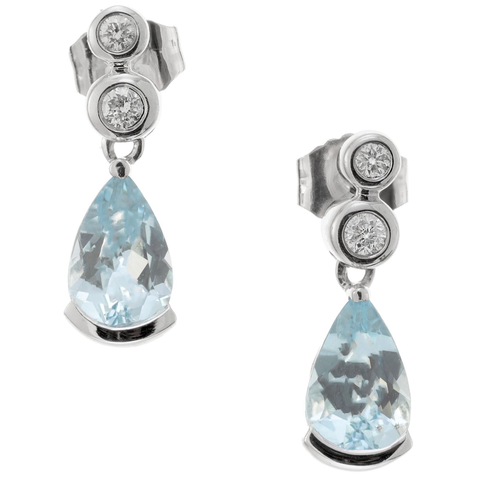 1.00 Carat Aquamarine Diamond White Gold Dangle Earrings For Sale