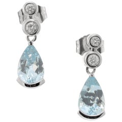 1.00 Carat Aquamarine Diamond White Gold Dangle Earrings