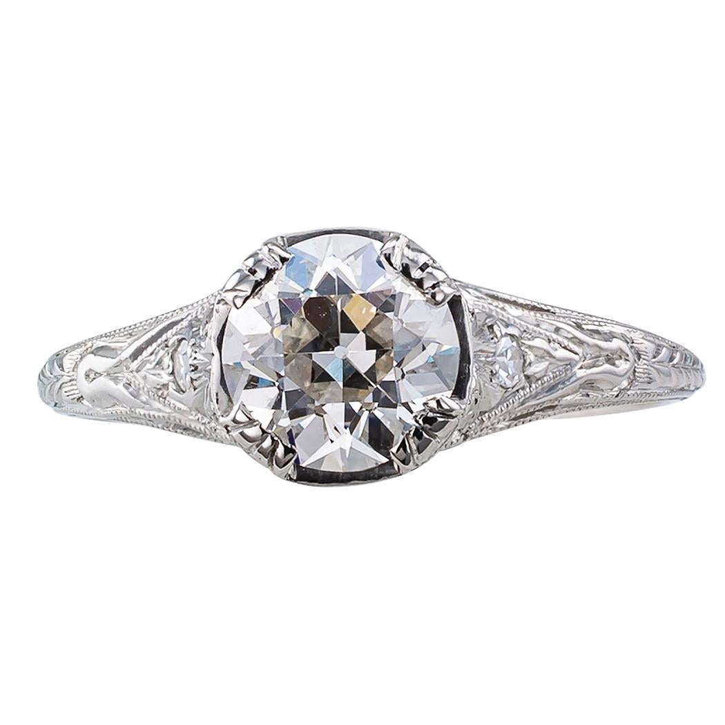 Art Deco 1.00 carat H SI1 old European cut diamond solitaire engagement platinum ring circa 1925. Centering upon an old European-cut diamond weighing 1.00 carat, accompanied by a report from EGL-USA stating that the diamond is H color and SI1