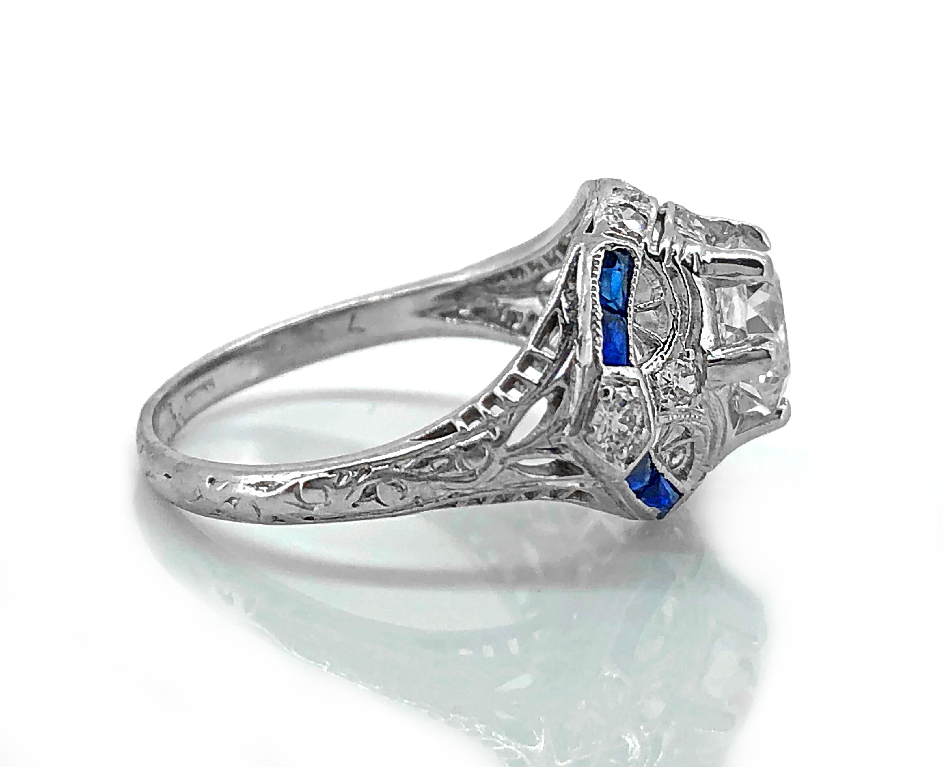 Old European Cut 1.00 Carat Art Deco Sapphire Diamond Platinum Antique Engagement Ring For Sale