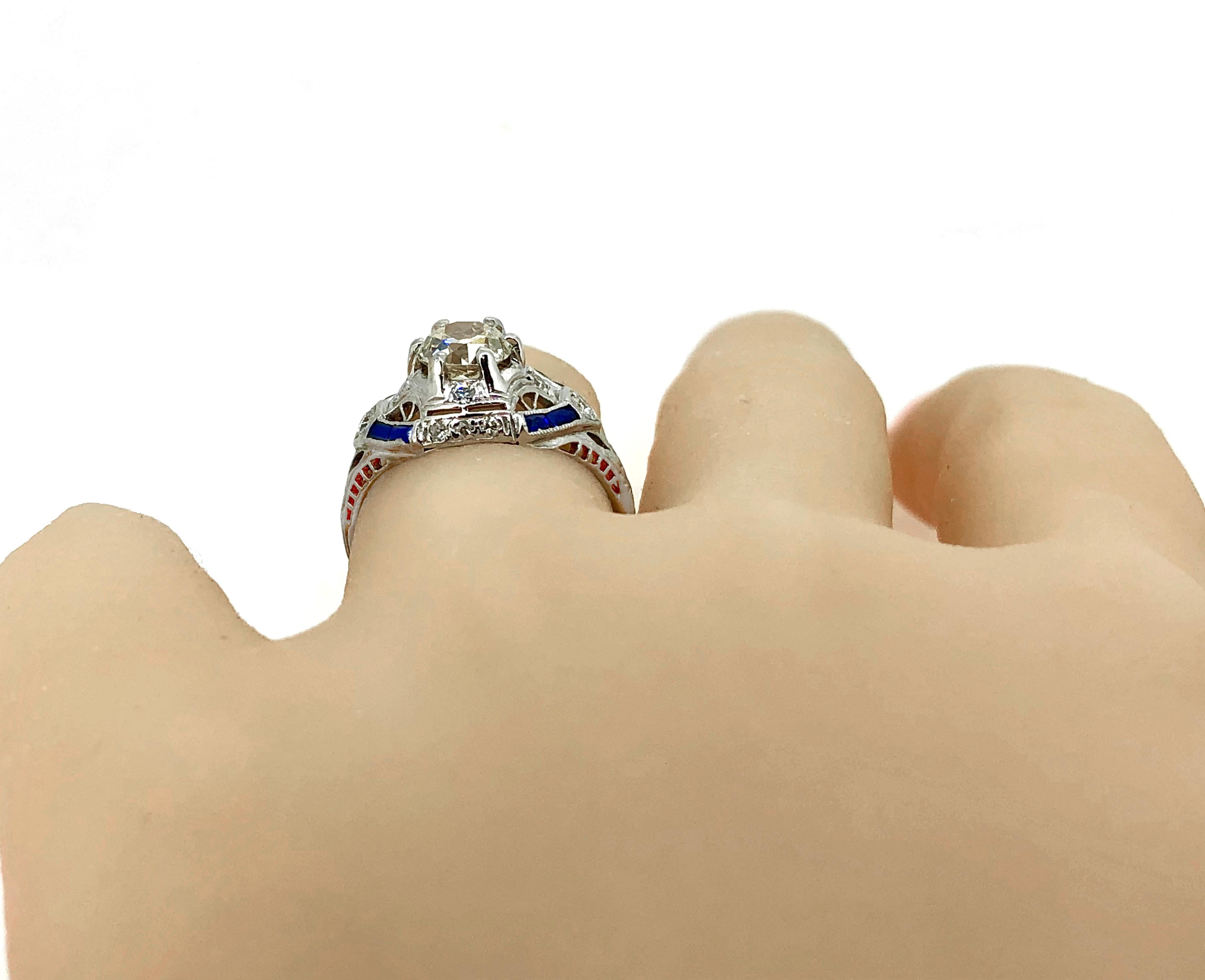 1.00 Carat Art Deco Sapphire Diamond Platinum Antique Engagement Ring In Excellent Condition For Sale In Tampa, FL