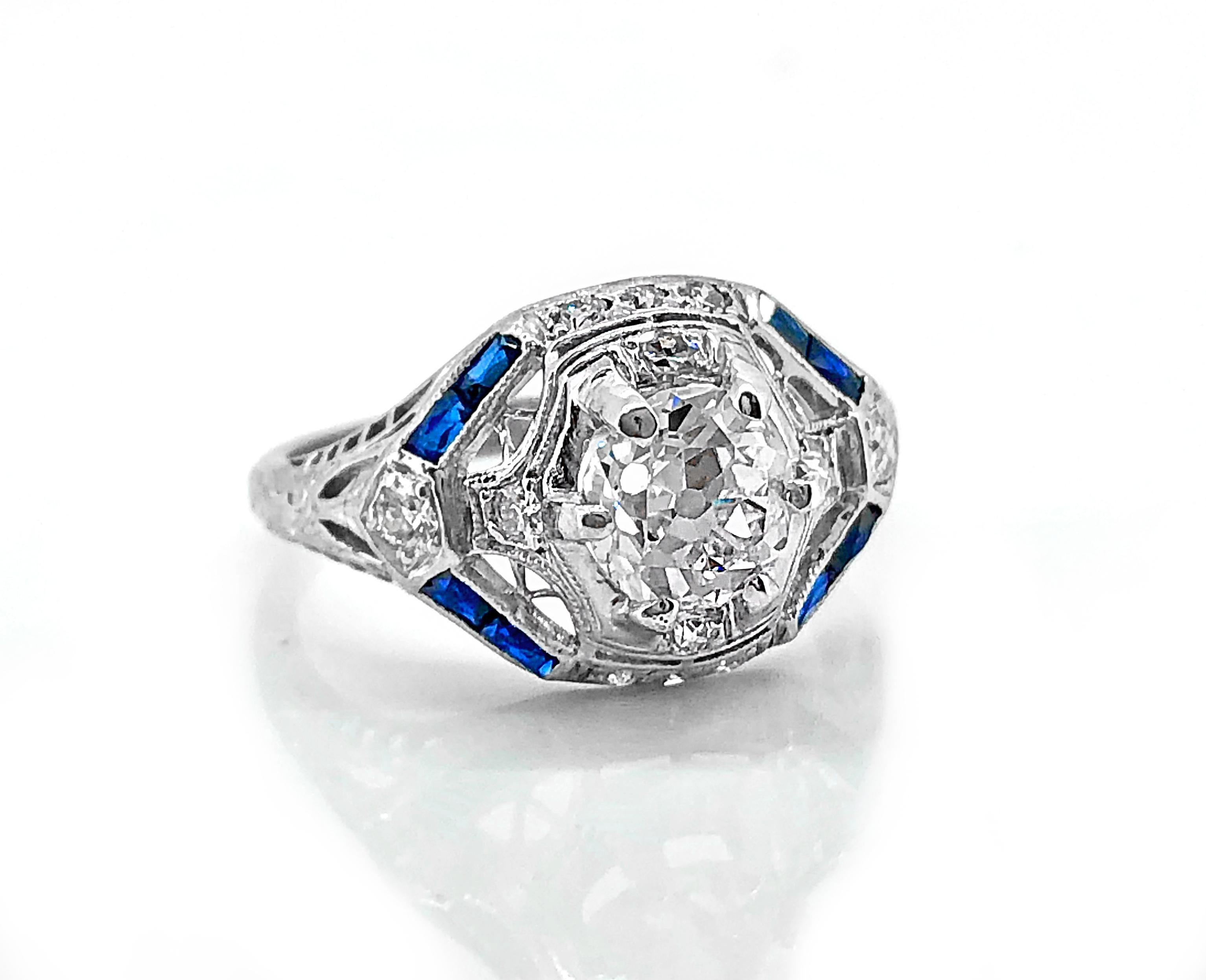 Women's 1.00 Carat Art Deco Sapphire Diamond Platinum Antique Engagement Ring For Sale