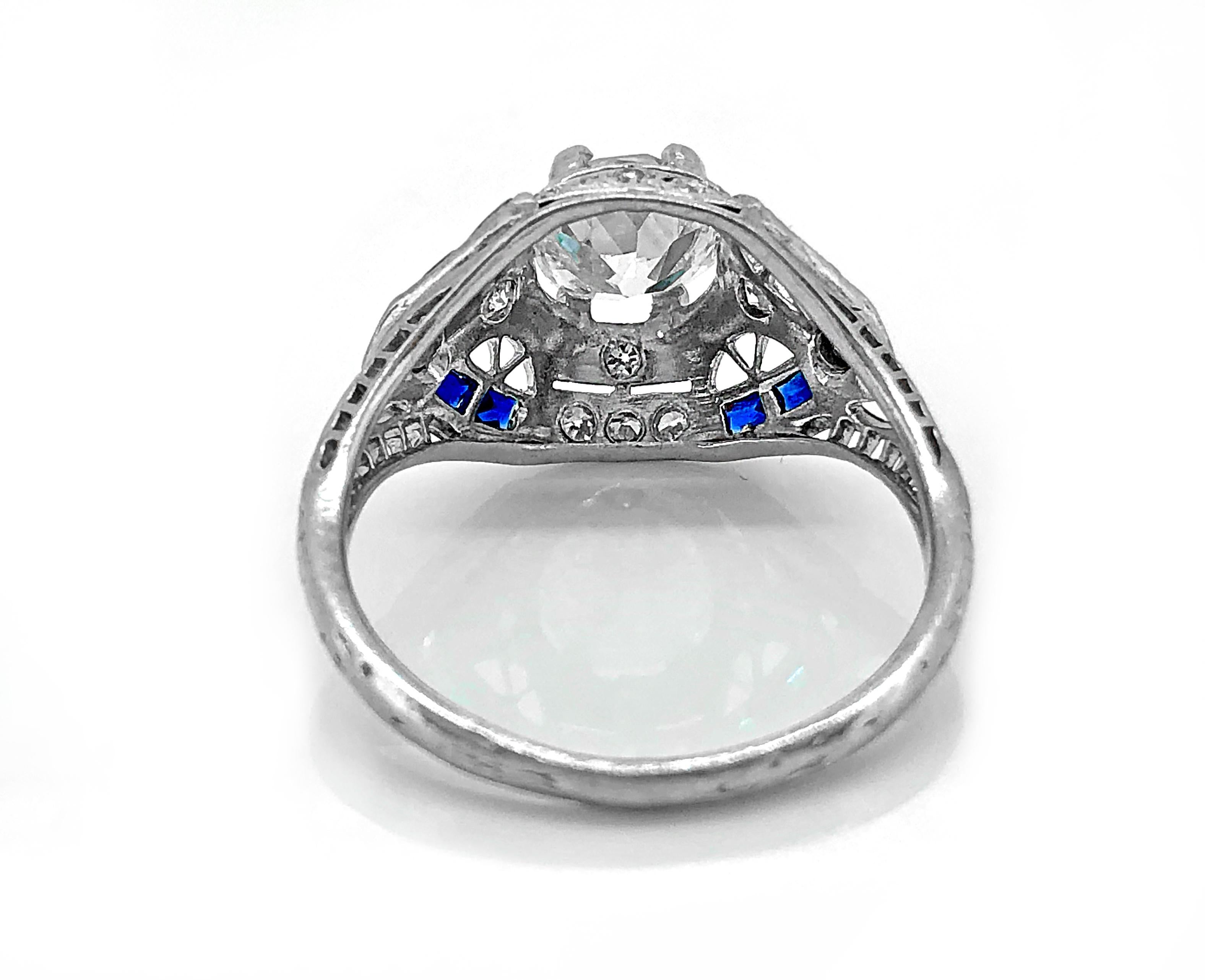 1.00 Carat Art Deco Sapphire Diamond Platinum Antique Engagement Ring For Sale 1