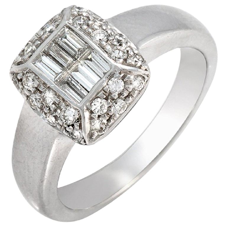 1.00 Carat Baguette and Round Diamonds 18 Karat White Gold Engagement Ring For Sale