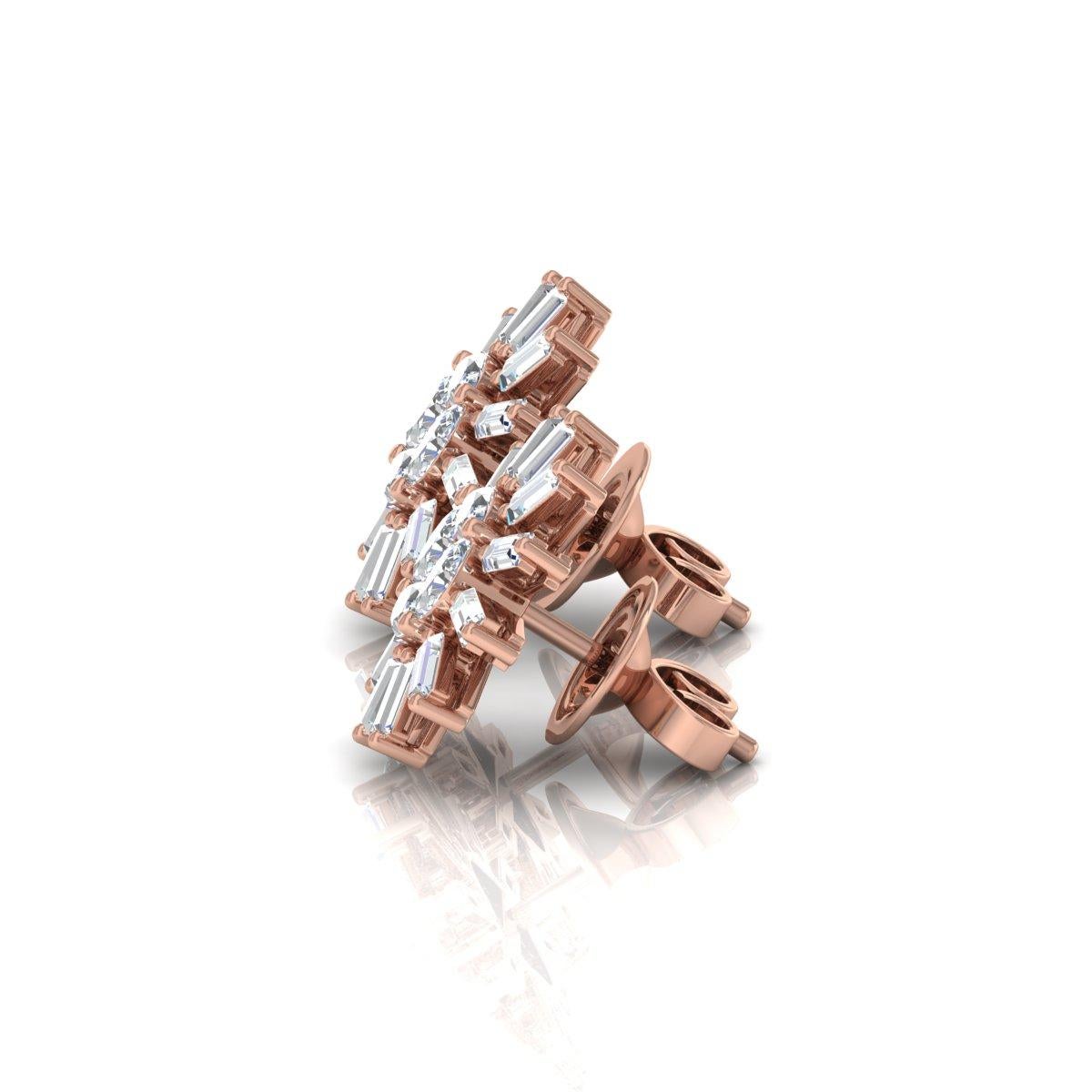 Modern 1.00 Carat Baguette Diamond Starburst Stud Earrings 18 Karat Rose Gold Jewelry For Sale