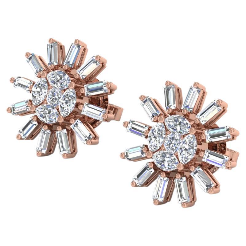 1.00 Carat Baguette Diamond Starburst Stud Earrings 18 Karat Rose Gold Jewelry For Sale