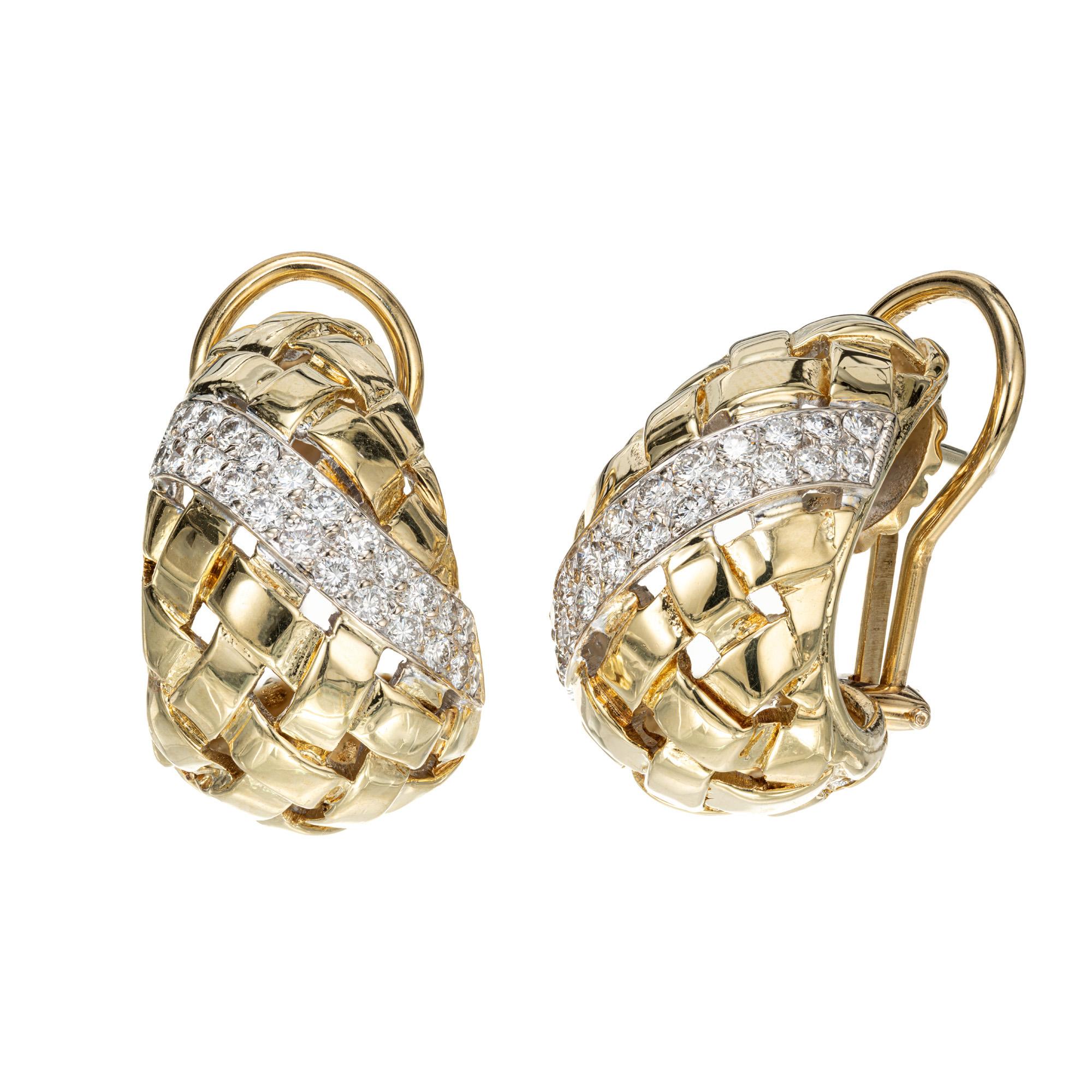 Basket weave and diamond 18k white and yellow gold clip post half hoop earrings, accented with 48 full cut diamonds.

48 full cut diamonds, approx. total weight 1.00cts, F, VS1
18k Yellow Gold
18k White Gold
Tested: 18k yellow and white