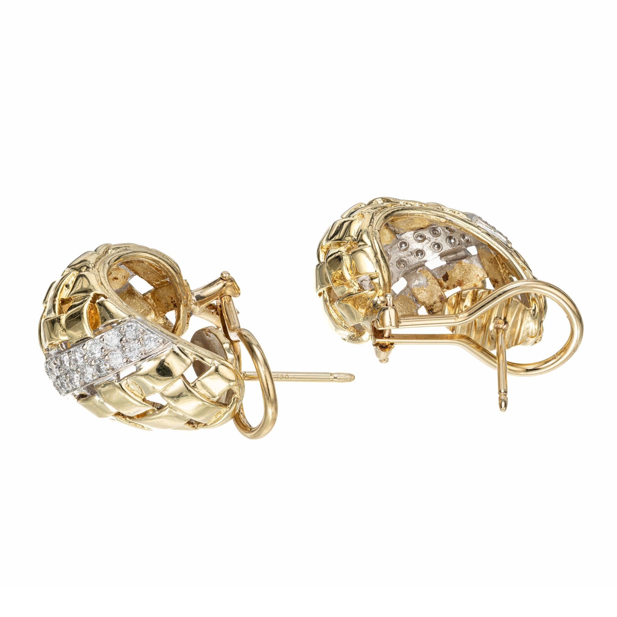 Round Cut 1.00 Carat Basket Weave Diamond Gold Clip Post Earrings For Sale