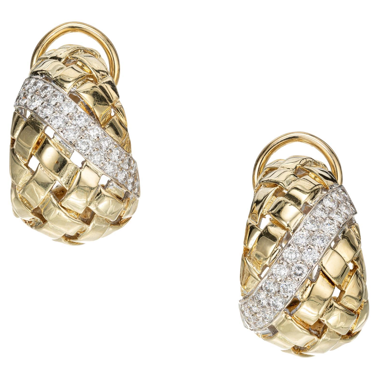 1.00 Carat Basket Weave Diamond Gold Clip Post Earrings