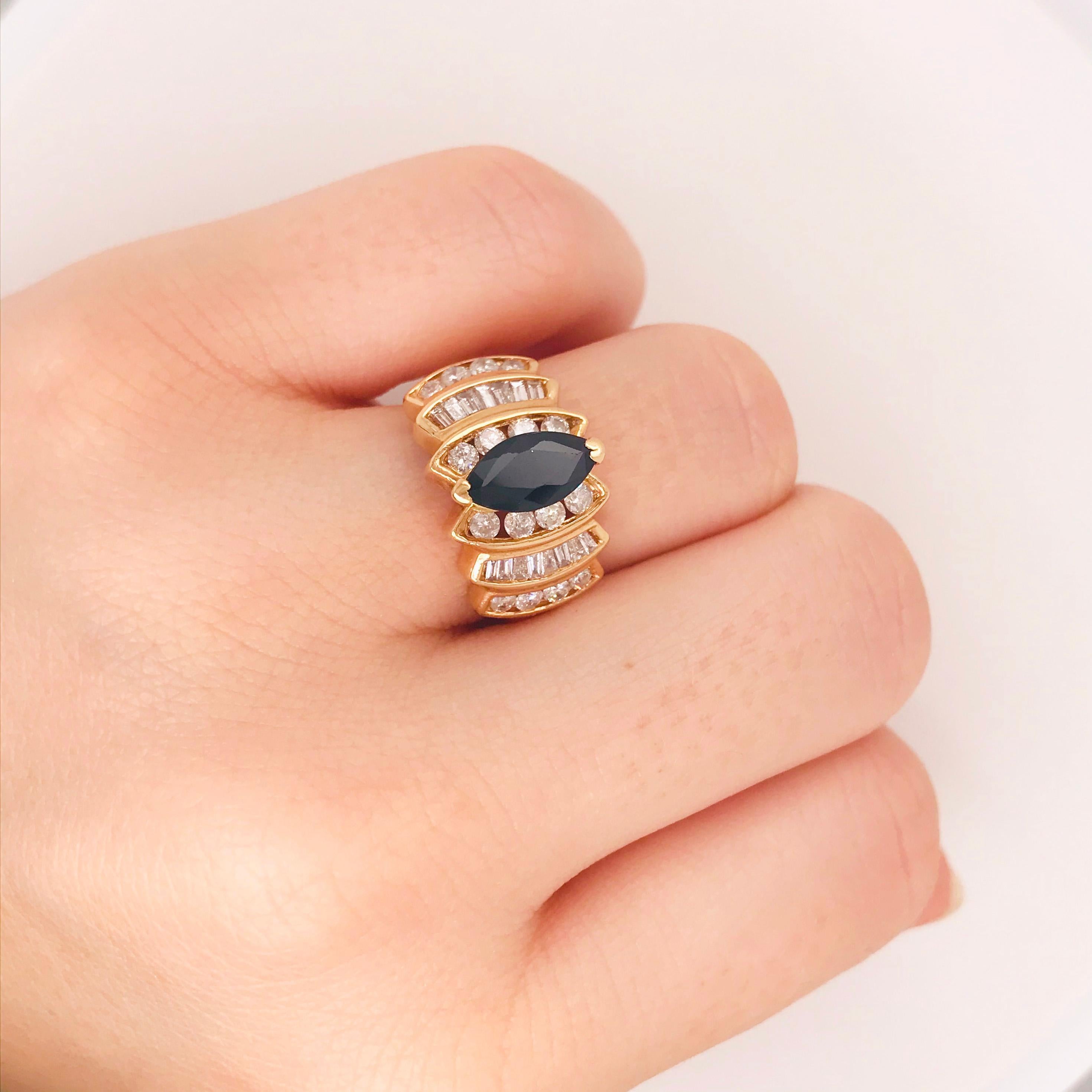 Women's 1.00 Carat Blue Sapphire and 1.00 Carat Diamond Custom Estate Ring, Yellow Gold